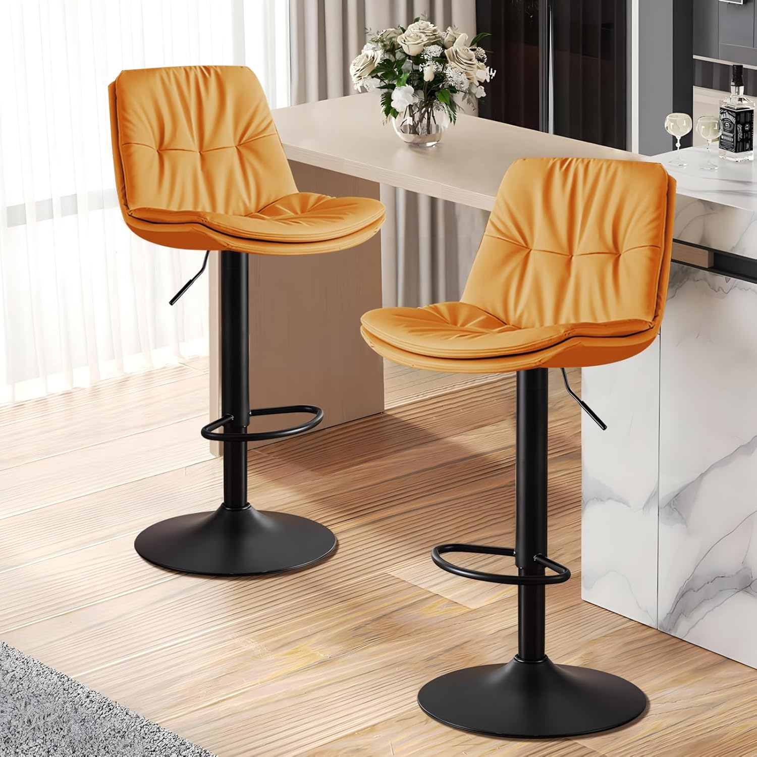 Bar Stools Set of 2, Adjustable Swivel Bar Chairs with 360° Rotation, Padded Counter Stools with Back and Footrest for Kitchen Island, Bistro, Cafe, and Home Use Black2