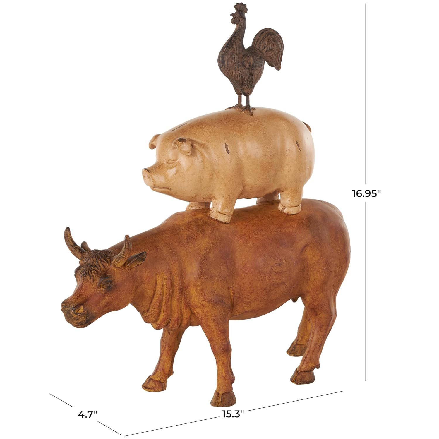 Distressed Copper Cow Statue with Beige Roosters and Chicks