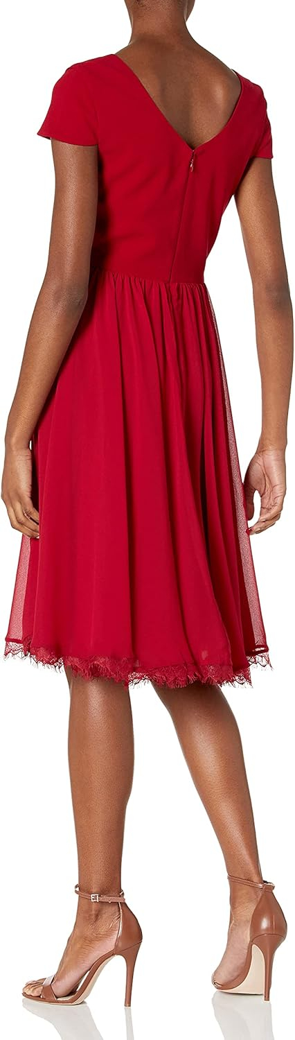 Garnet Red V-neck Midi Dress with Lace Hem
