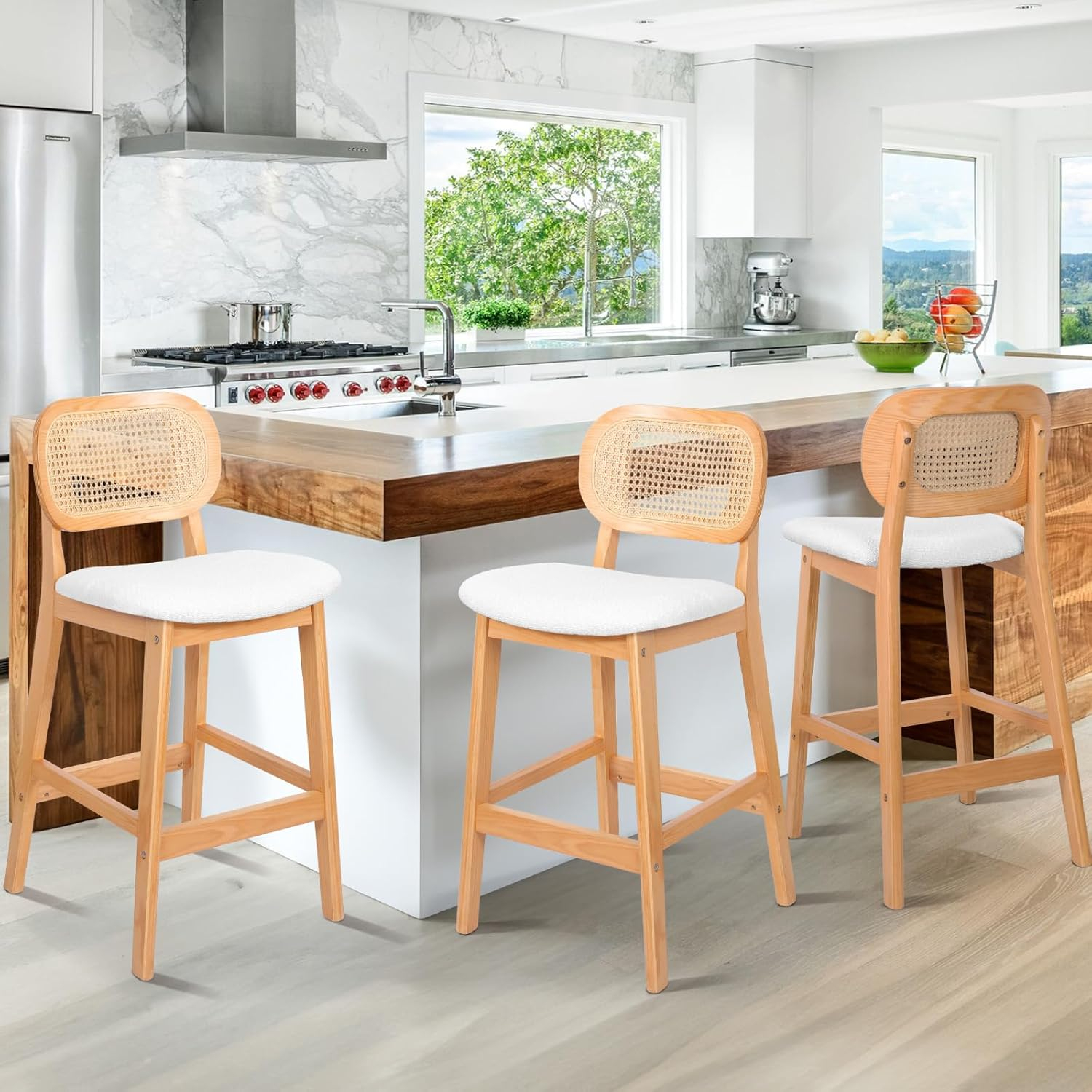 Lucky Monet 25.2" Upholstered Wood Counter Height Bar Stools w/ Rattan Back - 36.81"H x 17.72"W x 18.7"D Set of 3 - White Boucle Fabric/ Natural Frame