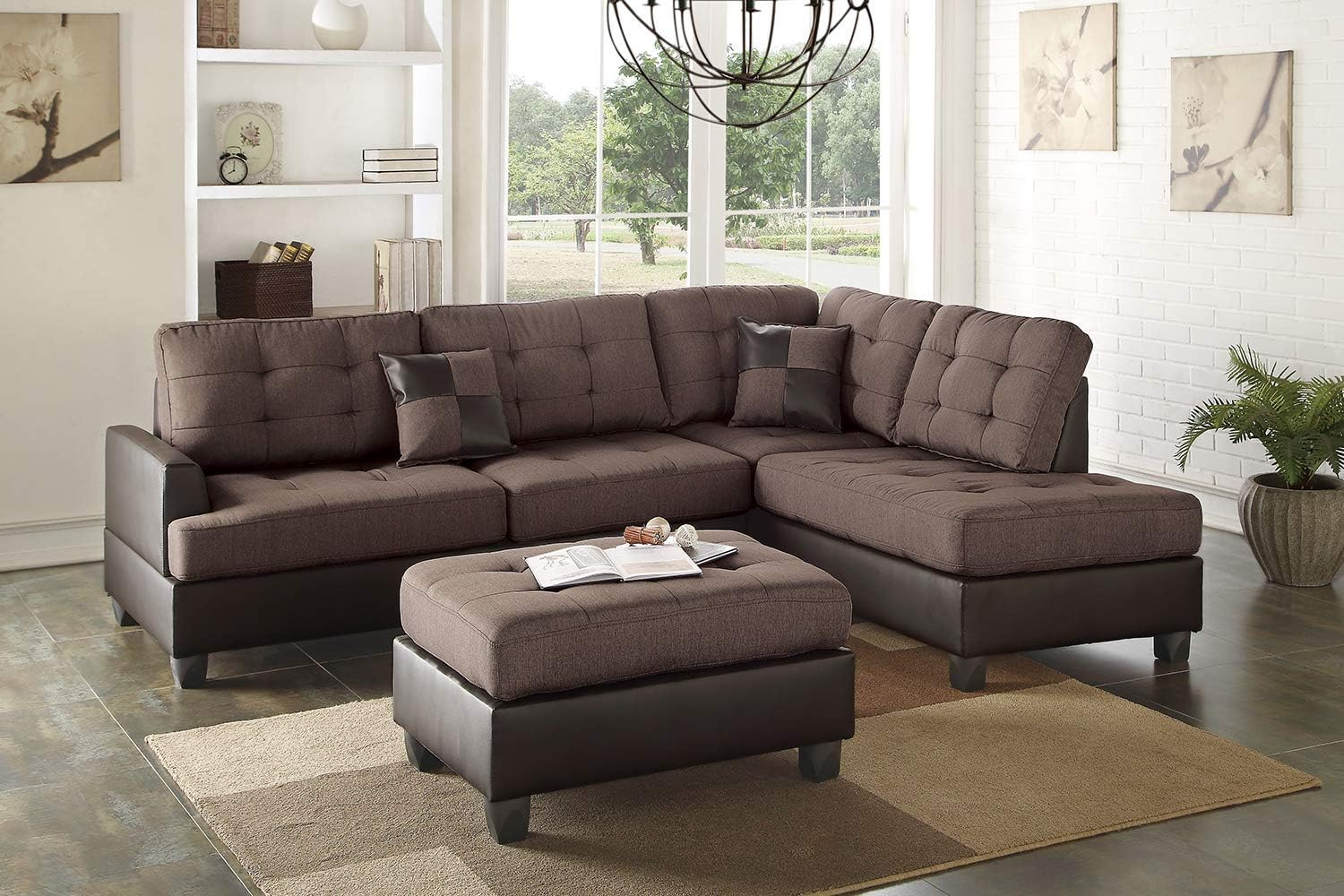 Poundex 3 Piece Fabric Sectional Sofa Set with Ottoman in Chocolate Color