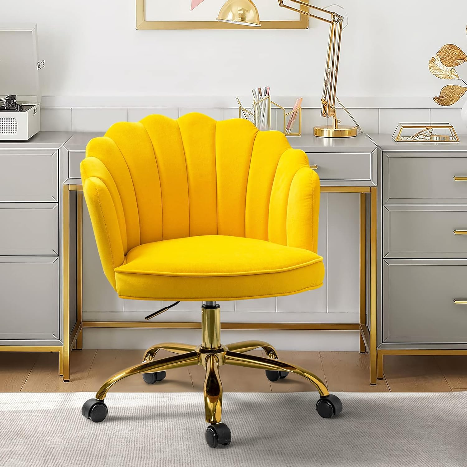 Yellow Velvet Swivel Task Chair with Gold Metal Base