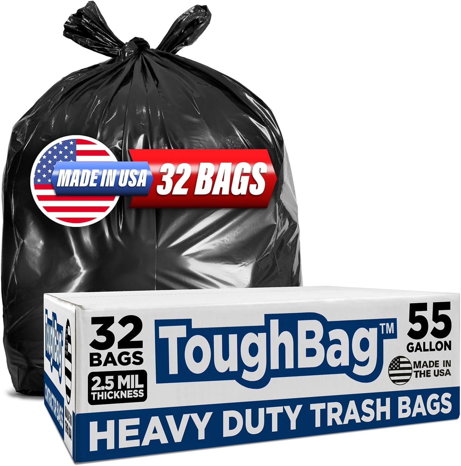 ToughBag 55 Gallon Trash Bags, 2.5 Mil Contractor Bags, 32 Count - Made in USA