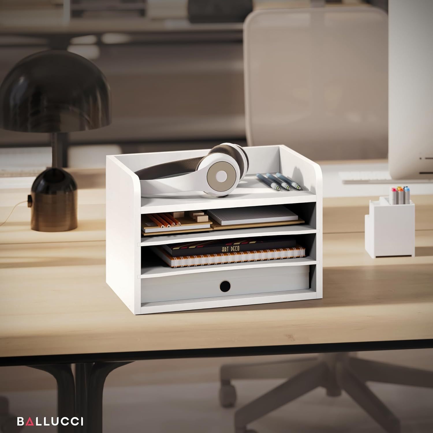 Ballucci 4-Tier Adjustable Desk Organizer Paper Sorter, Office Document Letter Tray, White