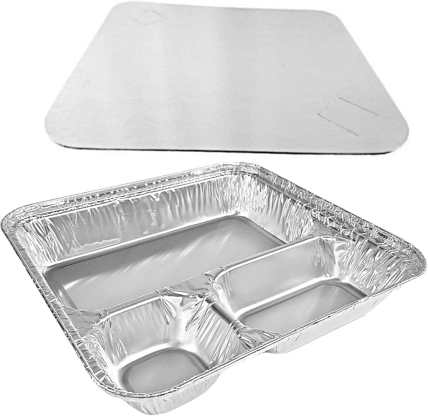 Pactogo Large 3-Compartment Oblong Aluminum Foil Take-Out Pan Senior Feeding TV Dinner Entr?e Tray w/Board Lid (Pack of 10 Sets)