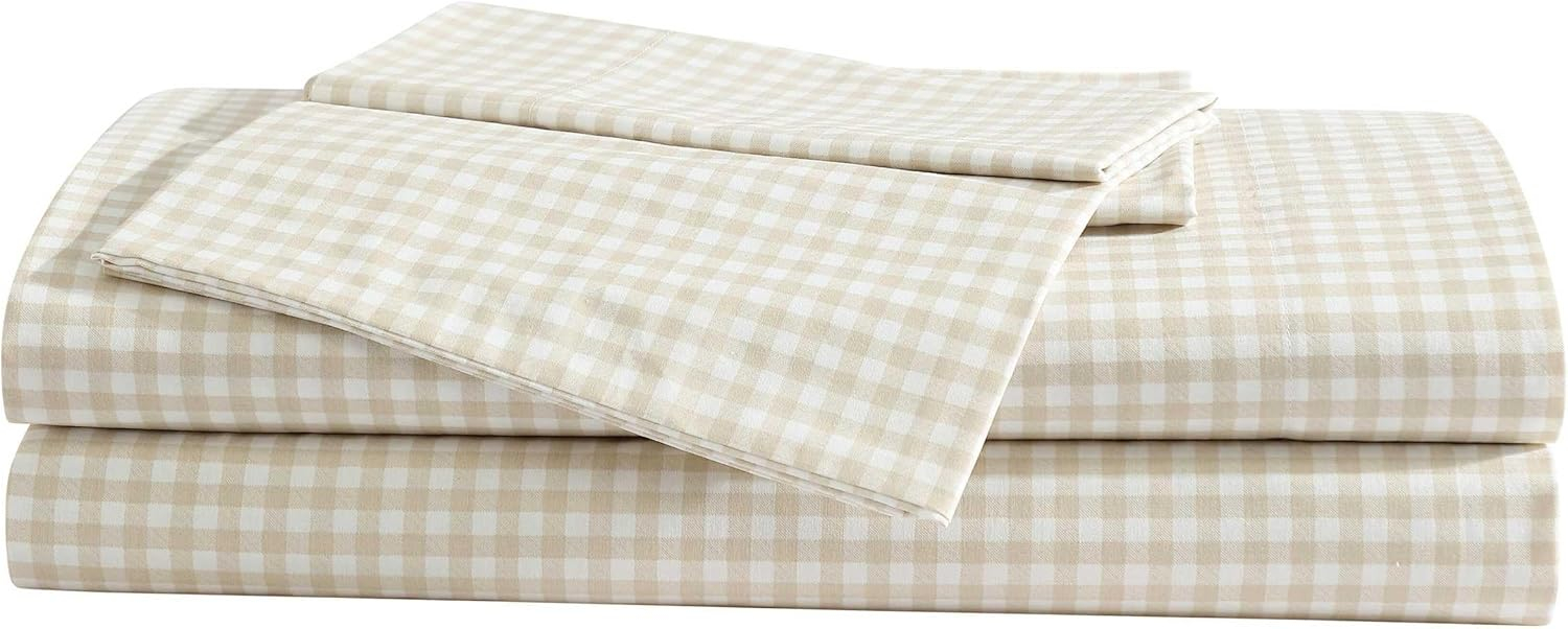 Eddie Bauer - Sheet Set, Cotton Percale Bedding with Matching Pillowcase, Crisp & Breathable, 200-Thread Count, Classic Comfort Essentials (Little Gingham Beige, Twin)