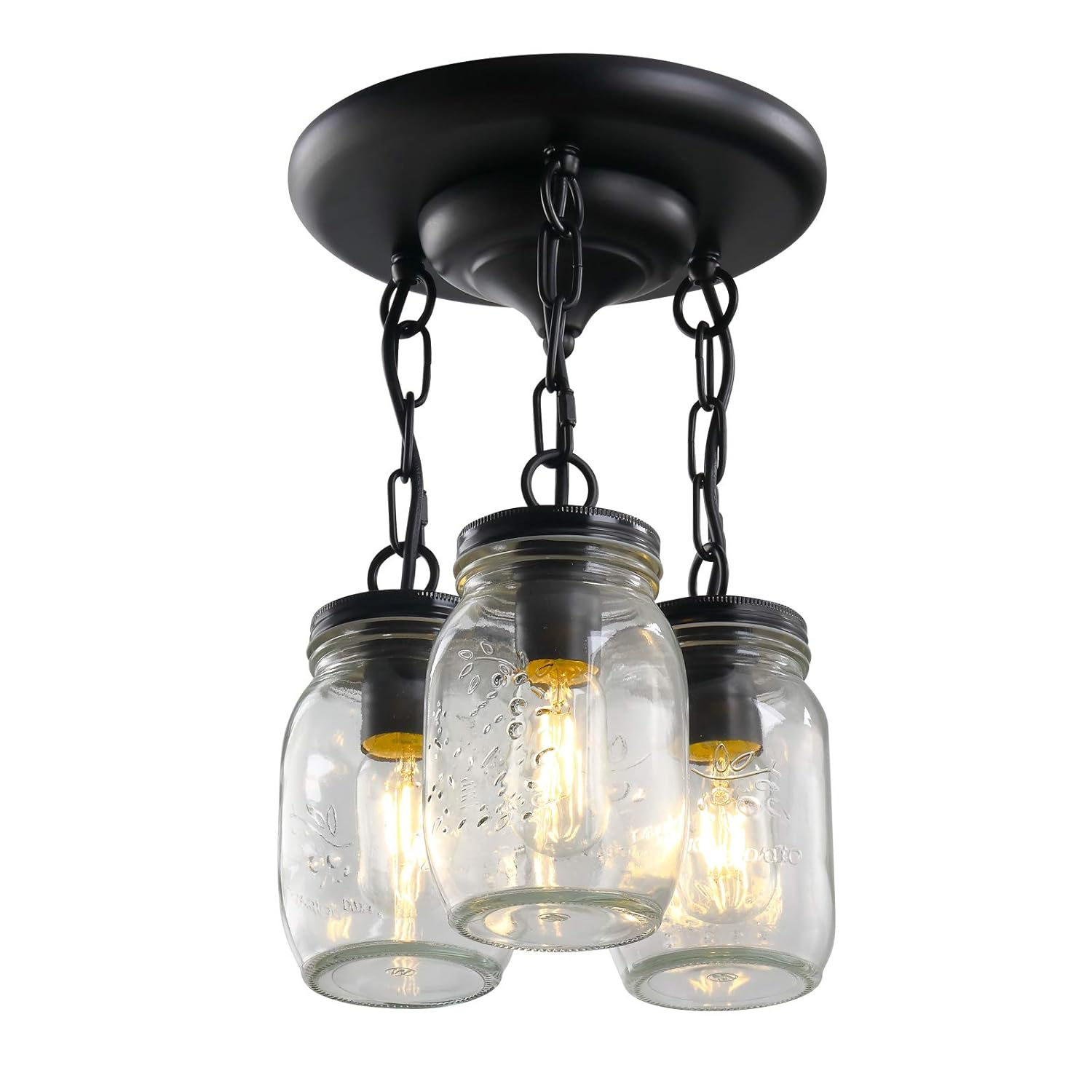 Black Pendant Lights, 3-Light Clear Glass Pendant Lights Kitchen Island, Mason Jar Light Fixtures, Farmhouse Mason Jar Pendant Lighting for Kitchen Dining Room Bedroom Hallway Entryway