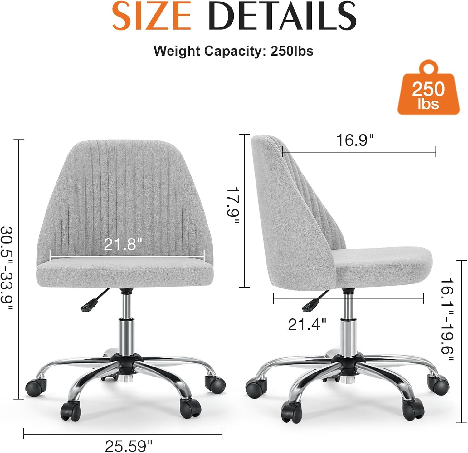 Sweetcrispy Armless Office Chair, Modern Fabric Home Office Desk Chairs with Wheels Adjustable Swivel Task Computer Vanity Seat for Small Spaces