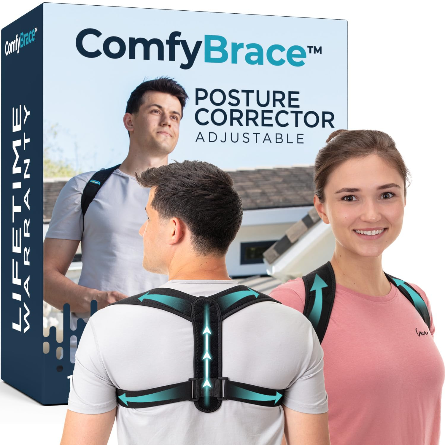 Comfy Brace Adjustable Posture Corrector, Neoprene, Breathable, Black, 30"-43" Chest
