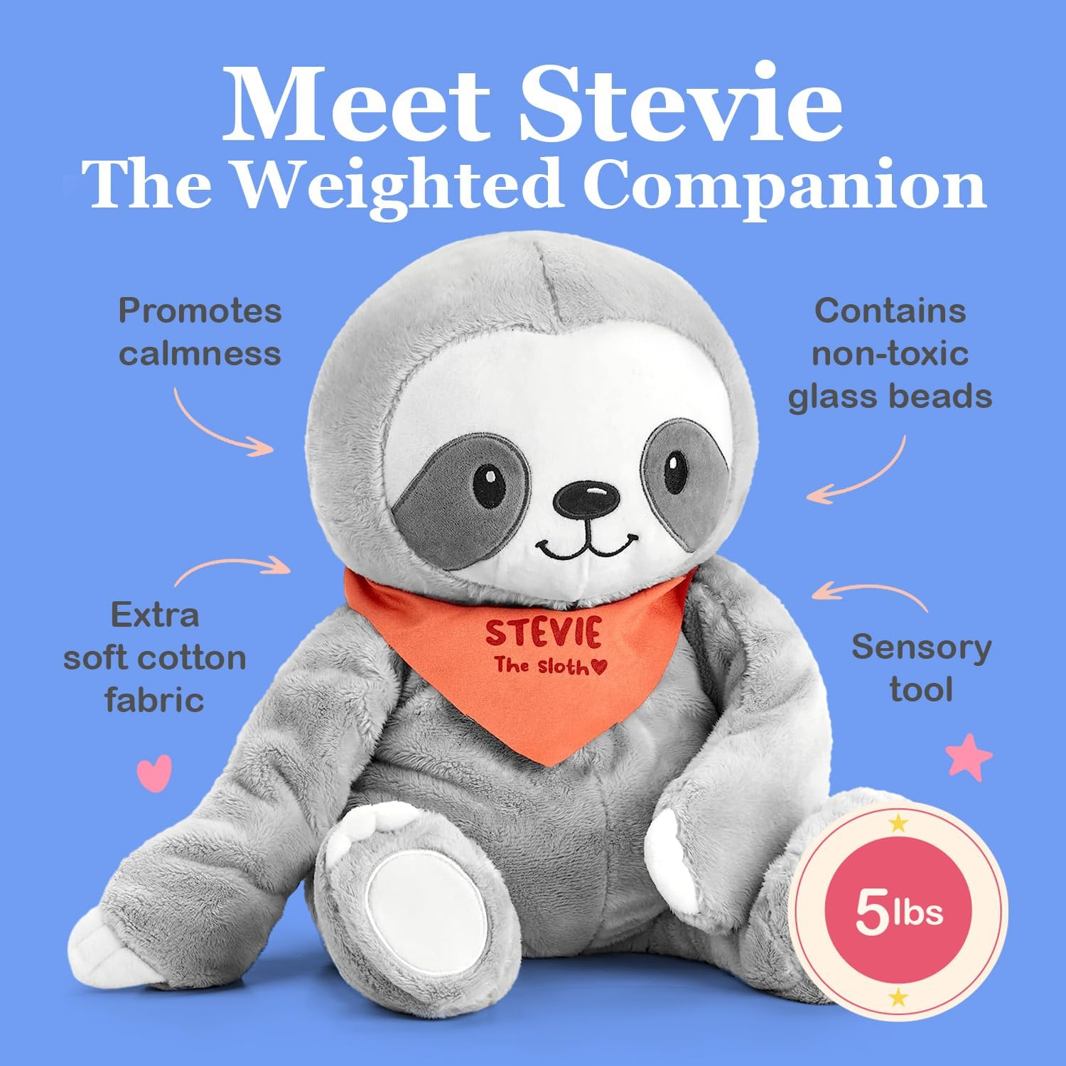 Lilly's Love 5lb Weighted Stuffed Animal for Anxiety Relief, Stevie the Sloth, Portable Sensory Plush Companion
