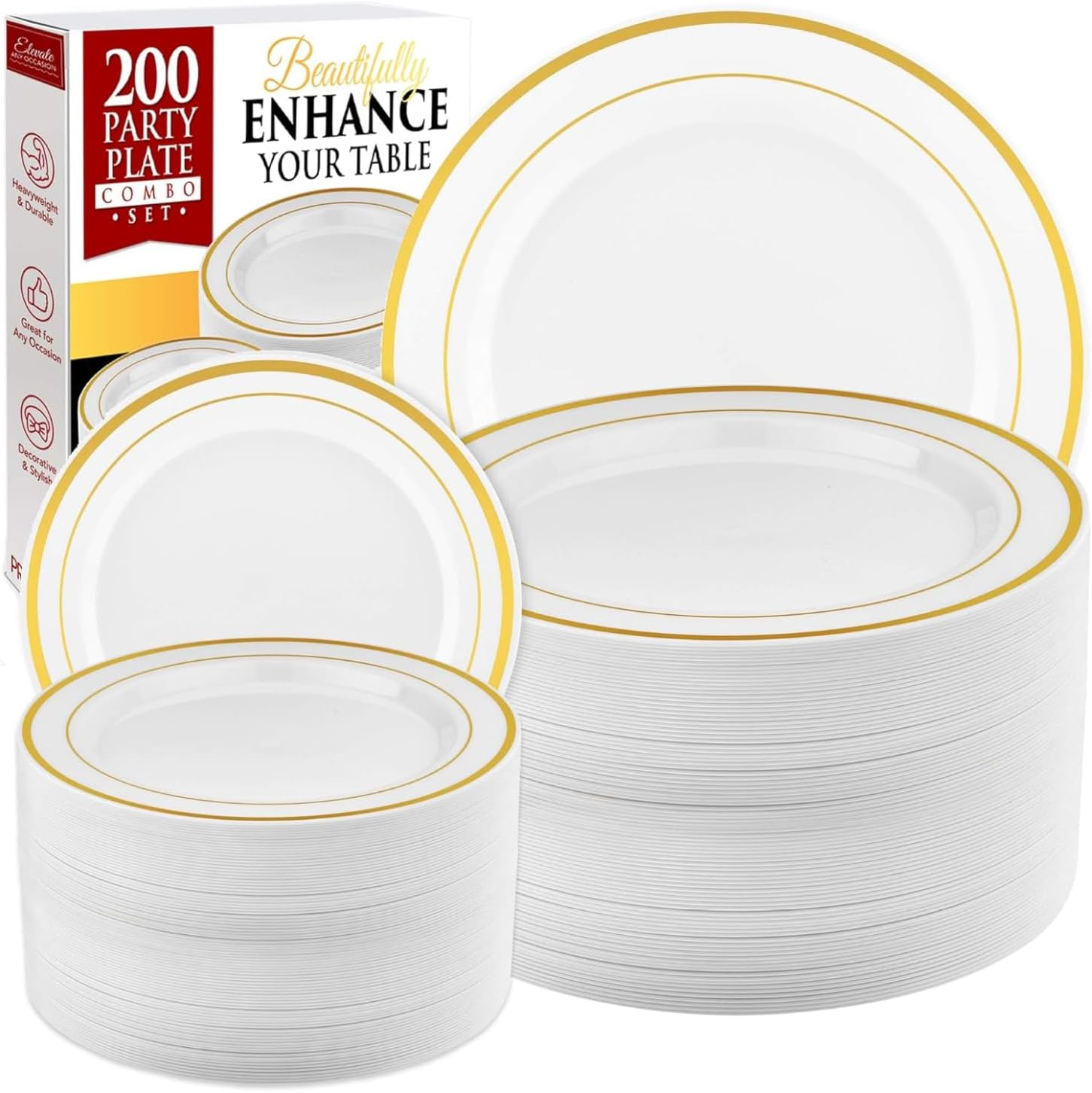 RAPTIZ 200Pc Gold Disposable Plates Set – 100 Dinner And 100 Salad Plates, White With Gold Rim – Heavy-Duty Plastic Plates For Party, Wedding, Holiday, Appetizer And Dessert