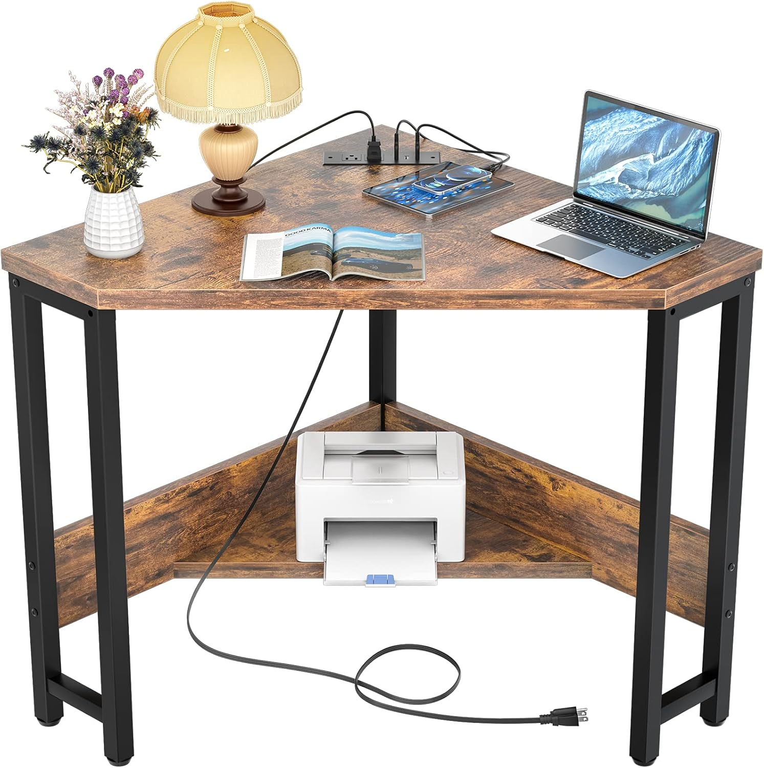 Armocity Corner Small Desk with Outlets Corner Table for Small Space Industrial Computer Desk with USB Ports Triangle Desk with Storage for Home Office, Workstation, Living Room, Bedroom, Rustic