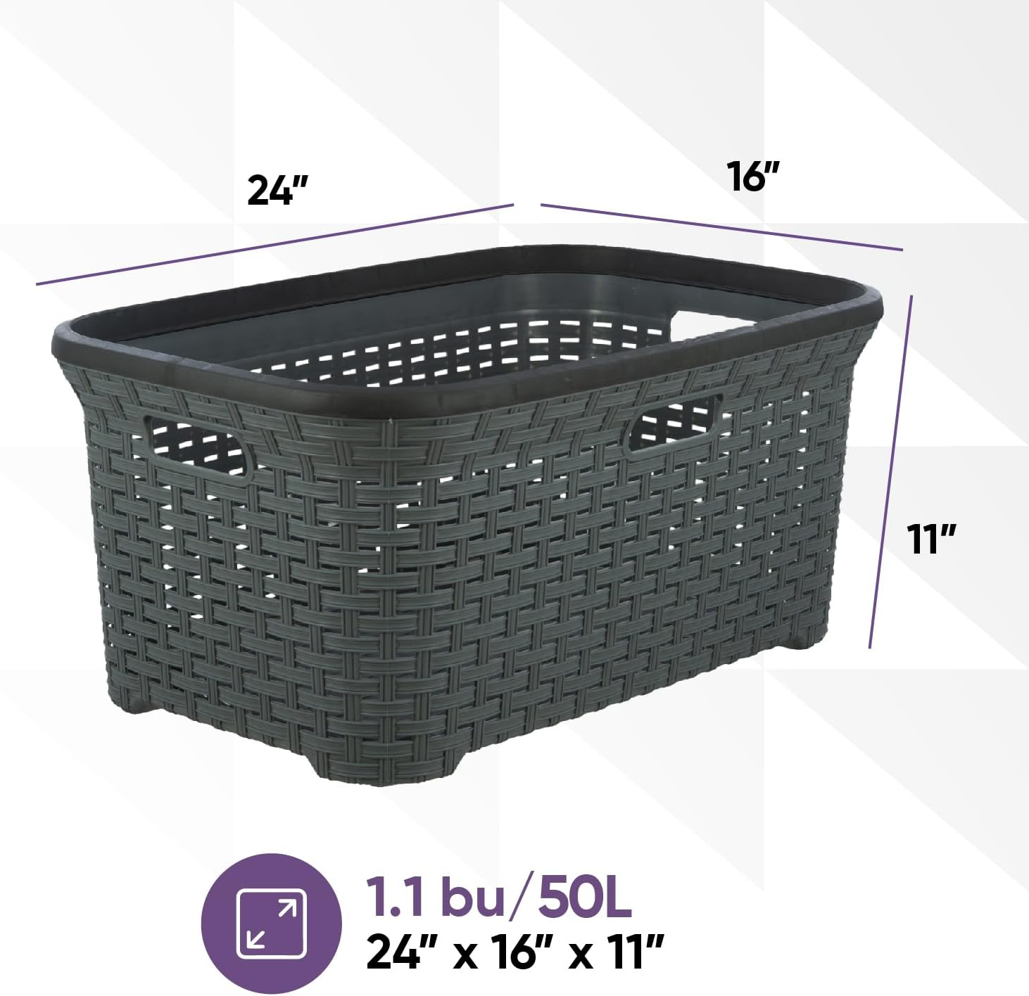 Superio Laundry Basket, Laundry Hamper, 50-liter wicker style basket with cutout handles, to storage dirty clothes, in washroom, or bedroom, grey.