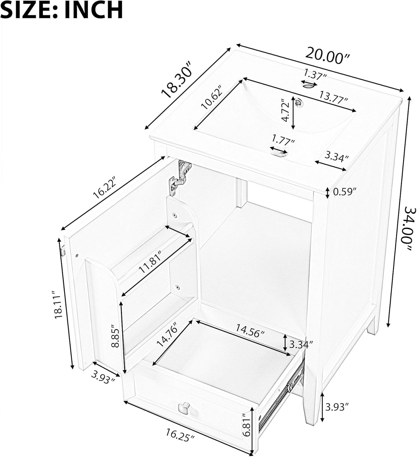 Harper & Bright Designs 20" Bathroom Vanity, Small Single Vanity with Drawer & Soft Closing Doors, Solid Wood Bathroom Cabinet with Storage Rack, Ceramic Sink, White
