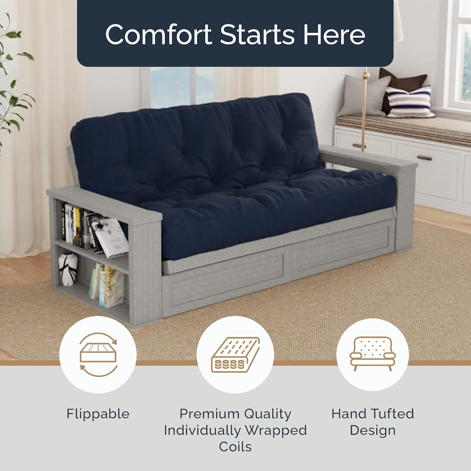 Loosh Home | 10" Queen Size Futon Sofa Bed Pocket Coil Foam Mattress - USA Made, Black, No Frame