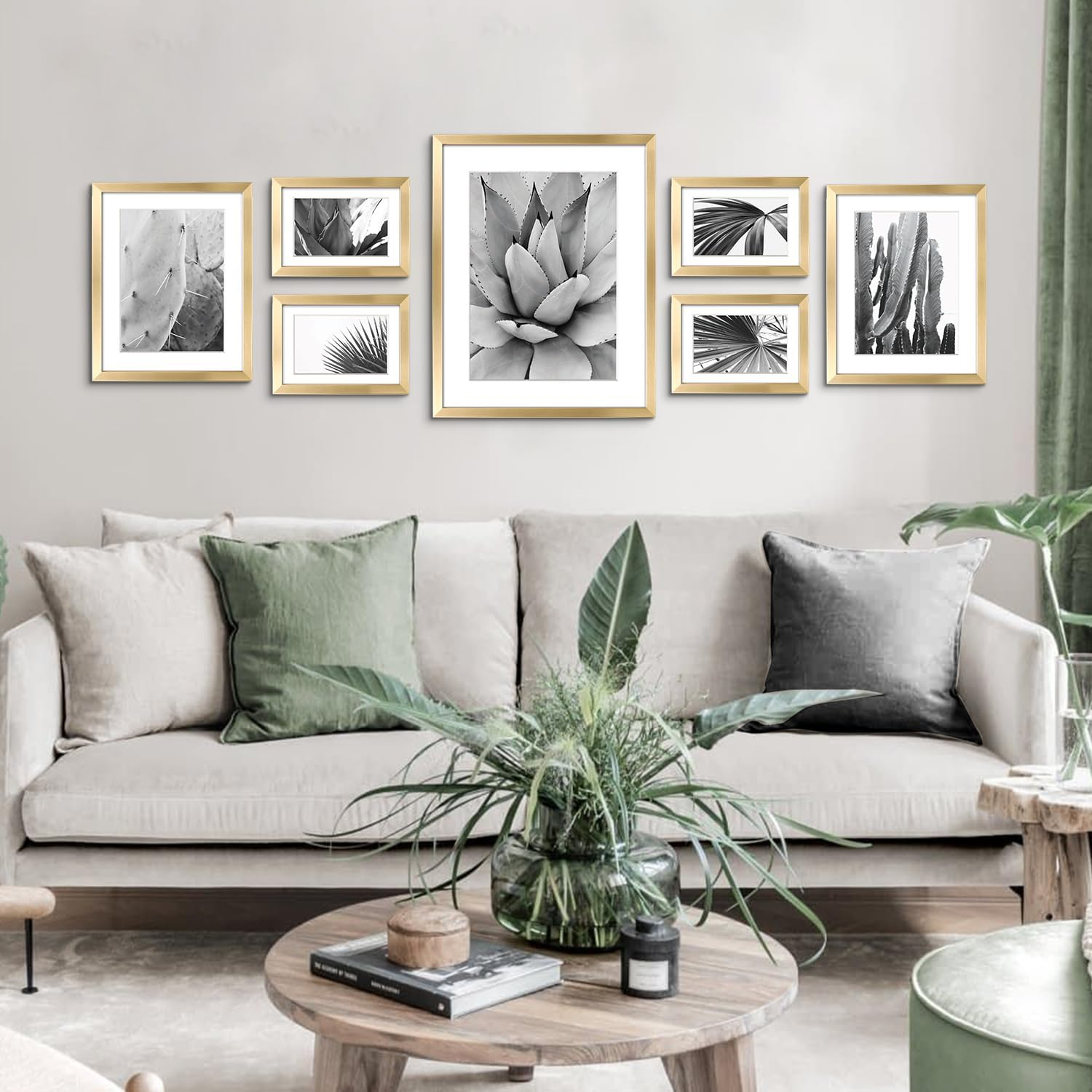ArtbyHannah 7 Pack Gold Gallery Wall Picture Frames Sets with Decorative Botanical Art Prints for Photo Frame Collages for Home Decoration, Multiple Sizes 11x14x1, 8x10x2, 5x7x4
