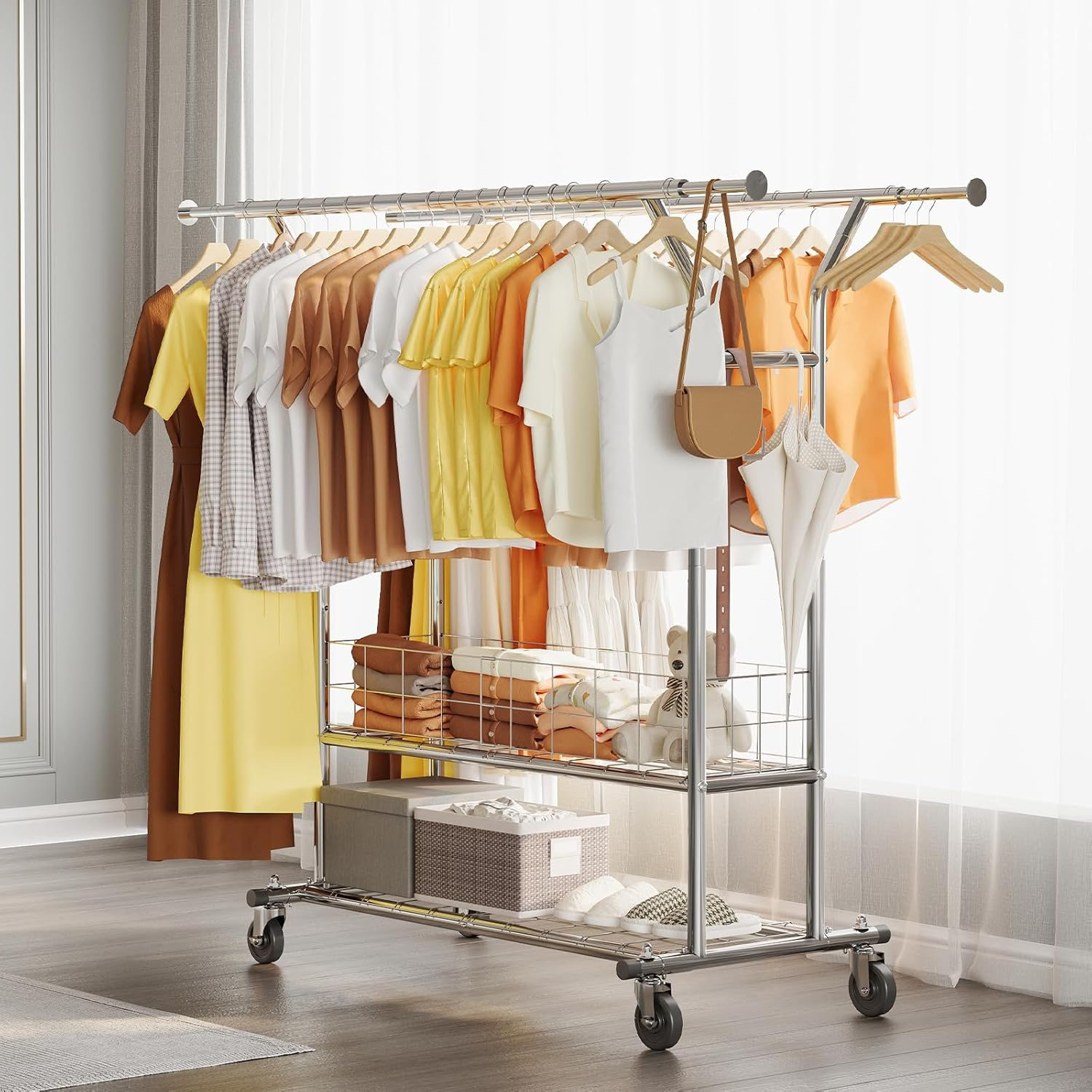 HOKEEPER Heavy Duty Clothing Clothes Rack for Hanging Clothes Adjustable Rolling Garment Rack with Wheels for Bedroom, Living Room (Double Rod with Metal Basket)