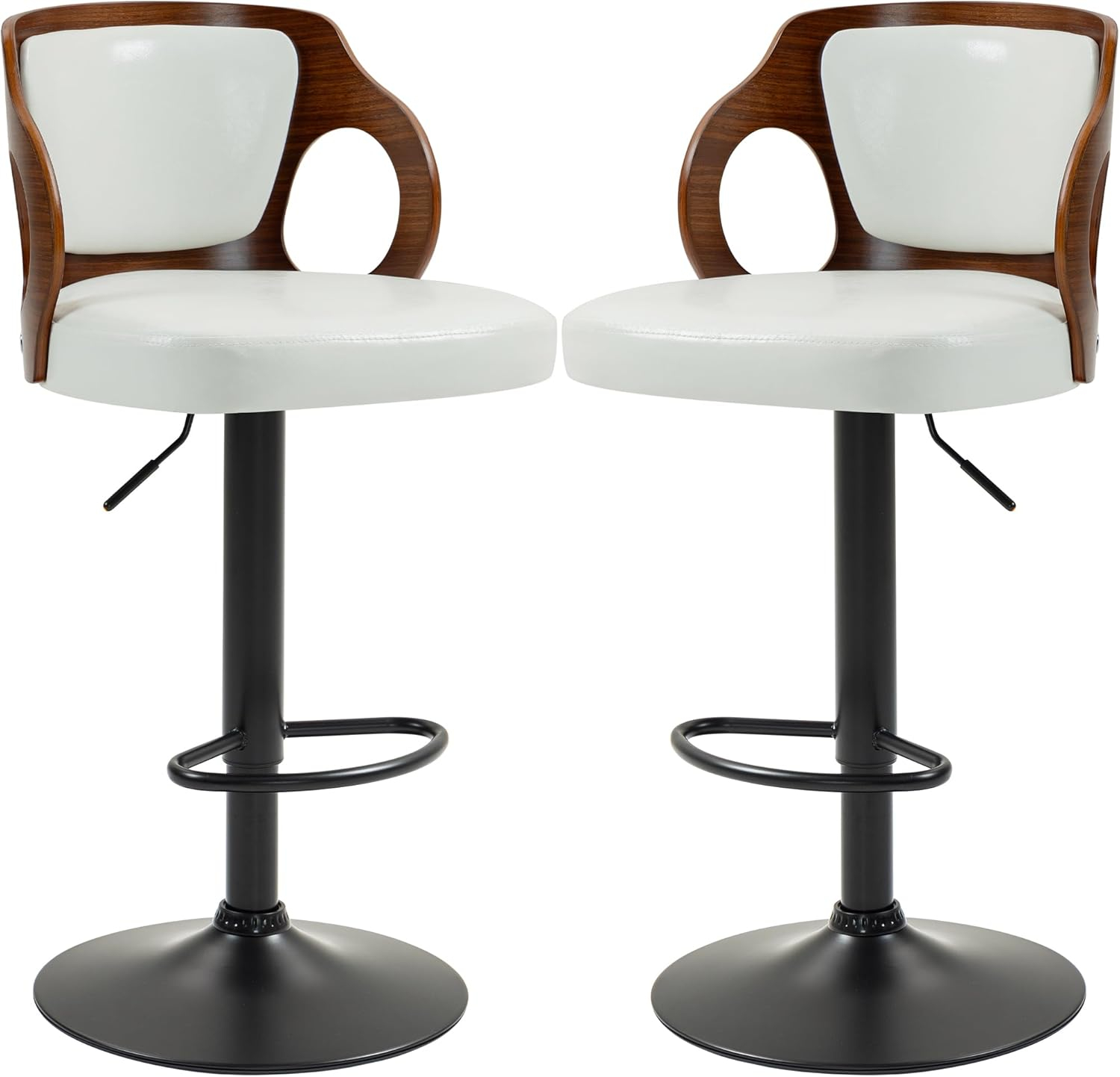 ECOTOUGE Swivel Bar Stools Set of 2, Height Adjustable Island Stools with Bentwood Back, Faux Leather Counter Height Bar Stools for Kitchen, Pub and Cafe, White