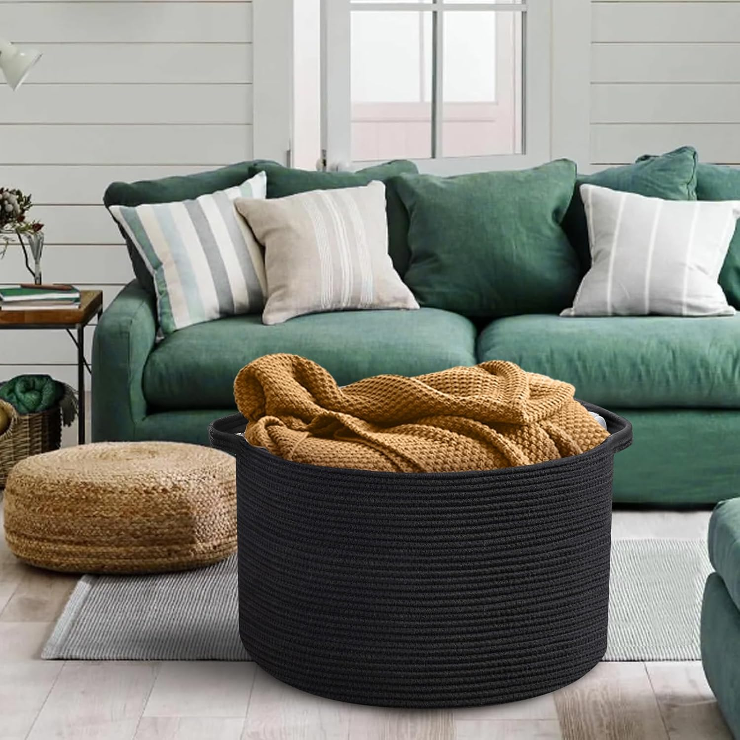 Large Black Blanket Basket, 22" X 22" X 14" Woven Rope Bin for Storage, Kids Dog Toy Storage Box Organizer Bins, Blanket Holder for Living Room, Decorative Wicker Basket for Organizing