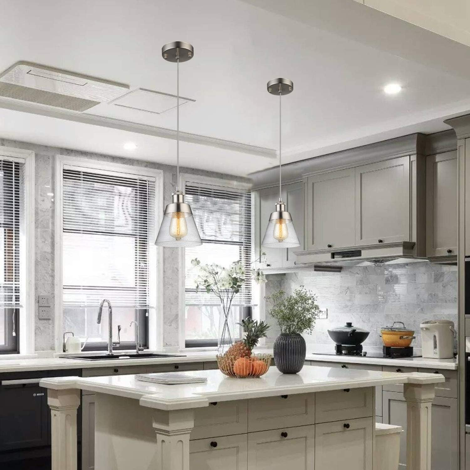 Modern Glass Pendant Light with Handblown Clear Seeded Glass Shade, One-Light Adjustable Industrial Mini Pendant Lighting Fixture for Kitchen Island Cafe Bar, Brushed Nickel