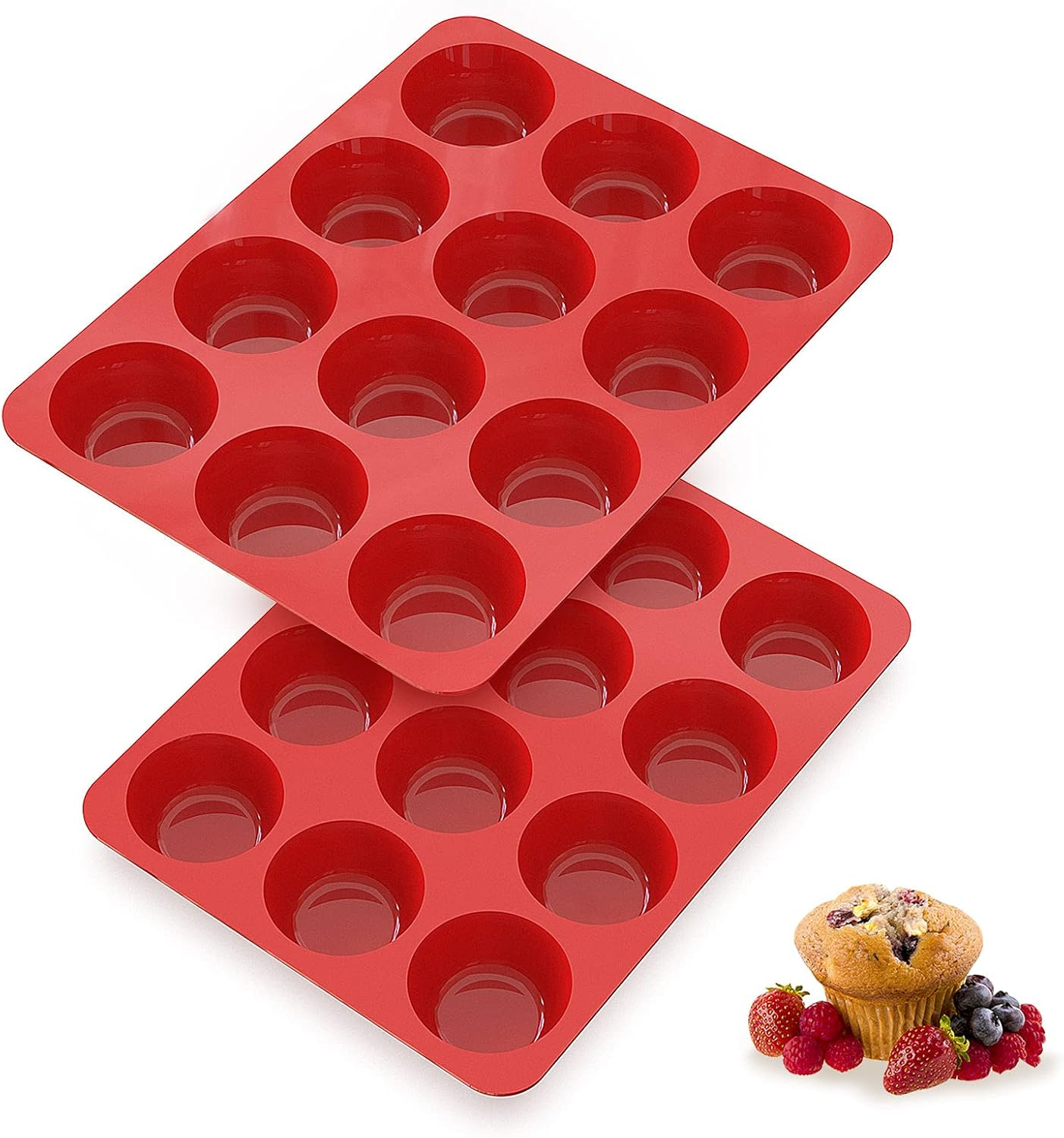 RUseeN Silicone Muffin Pan 2 Pack - 12 Cups Regular Silicone Cupcake Pan, Non-stick Silicone Great for Making Muffin Cakes, Tart, Bread - BPA Free and Dishwasher Safe