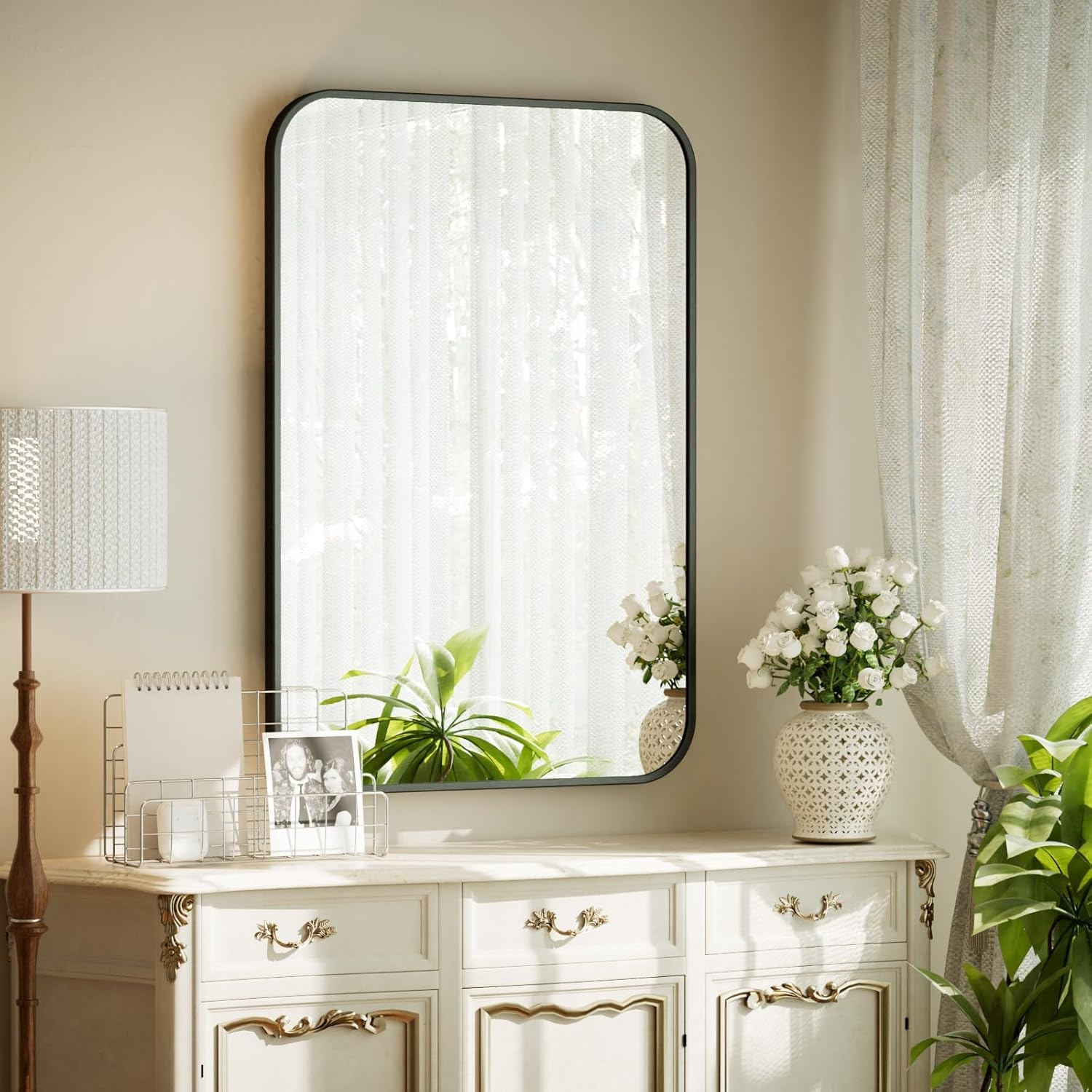 BEAUTYPEAK 20" x 28" Rectangular Aluminum Alloy Frame Wall Mounted Bathroom Mirror with Rounded Corners, Black