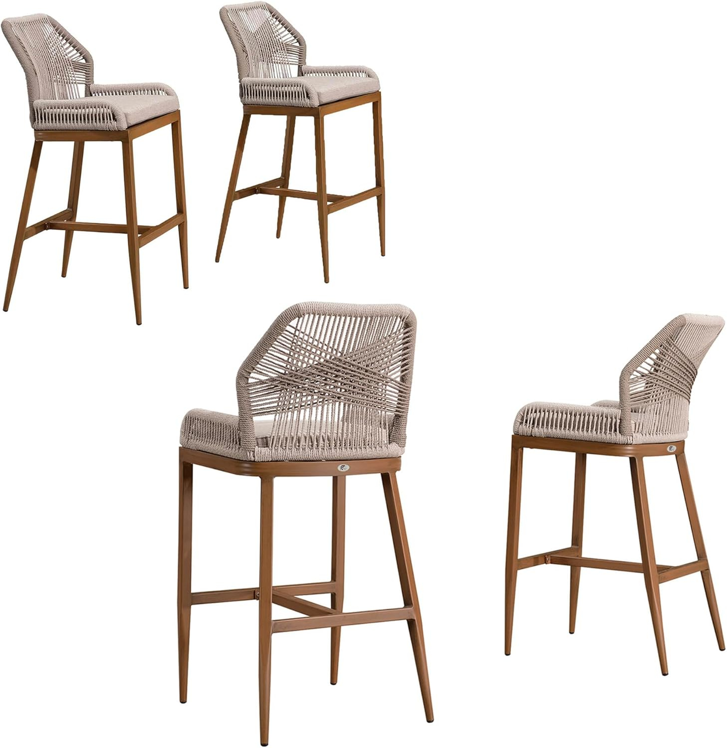 PURPLE LEAF Counter Height Bar Stools Set of 4 Rattan Chair Boho Wicker Metal Counter Stools with Back and Footrest Patio Seating Modern Garden Pool Outdoor Barstools