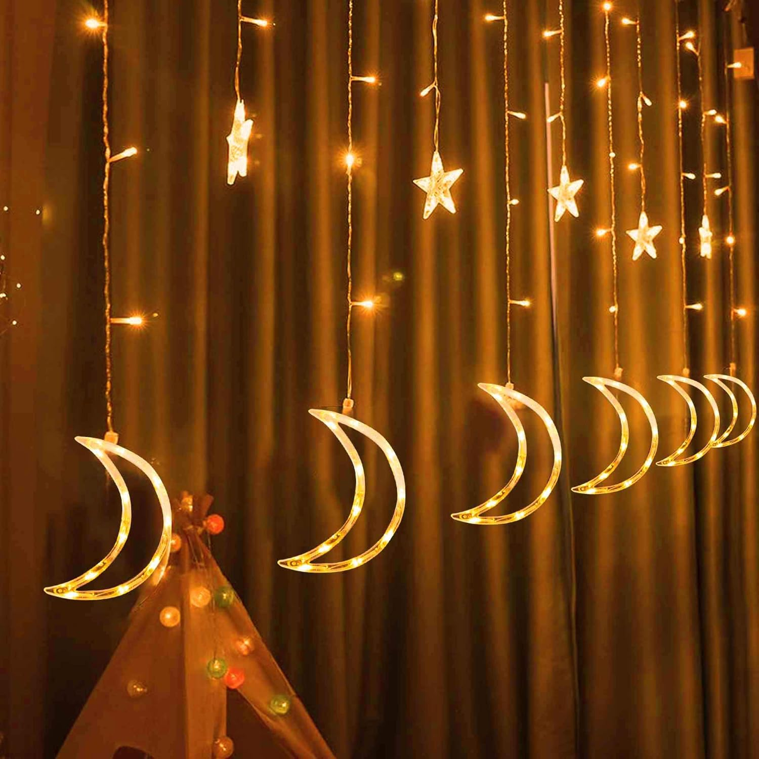 Warm White LED Star Moon Curtain Lights with Remote Control