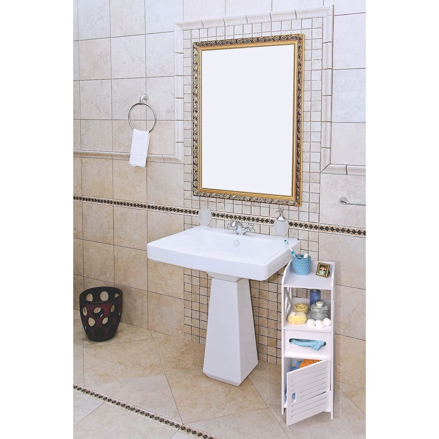 Bathroom Storage Cabinet Tower - Freestanding Shelf Unit with Tissue H