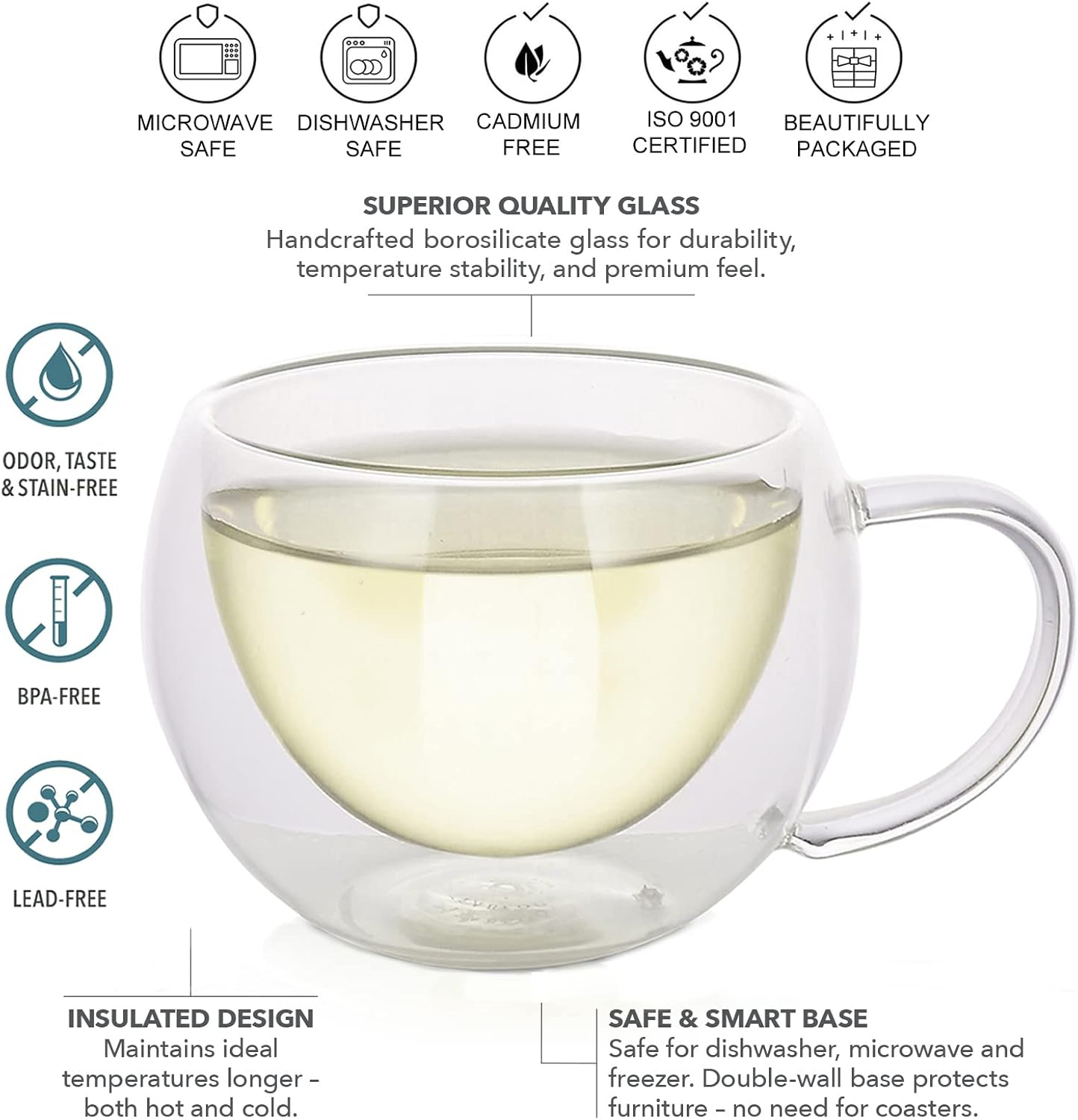 Teabloom MODERN CLASSIC® Double Walled Cups – Insulated Glass Cups - 6oz / 200ml (Set of 4)