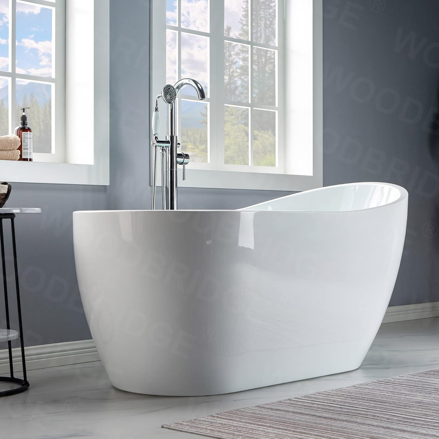 WOODBRIDGE 59" Acrylic Freestanding Bathtub Contemporary Soaking White Tub with Brushed Nickel Overflow and Drain,B1530-BN