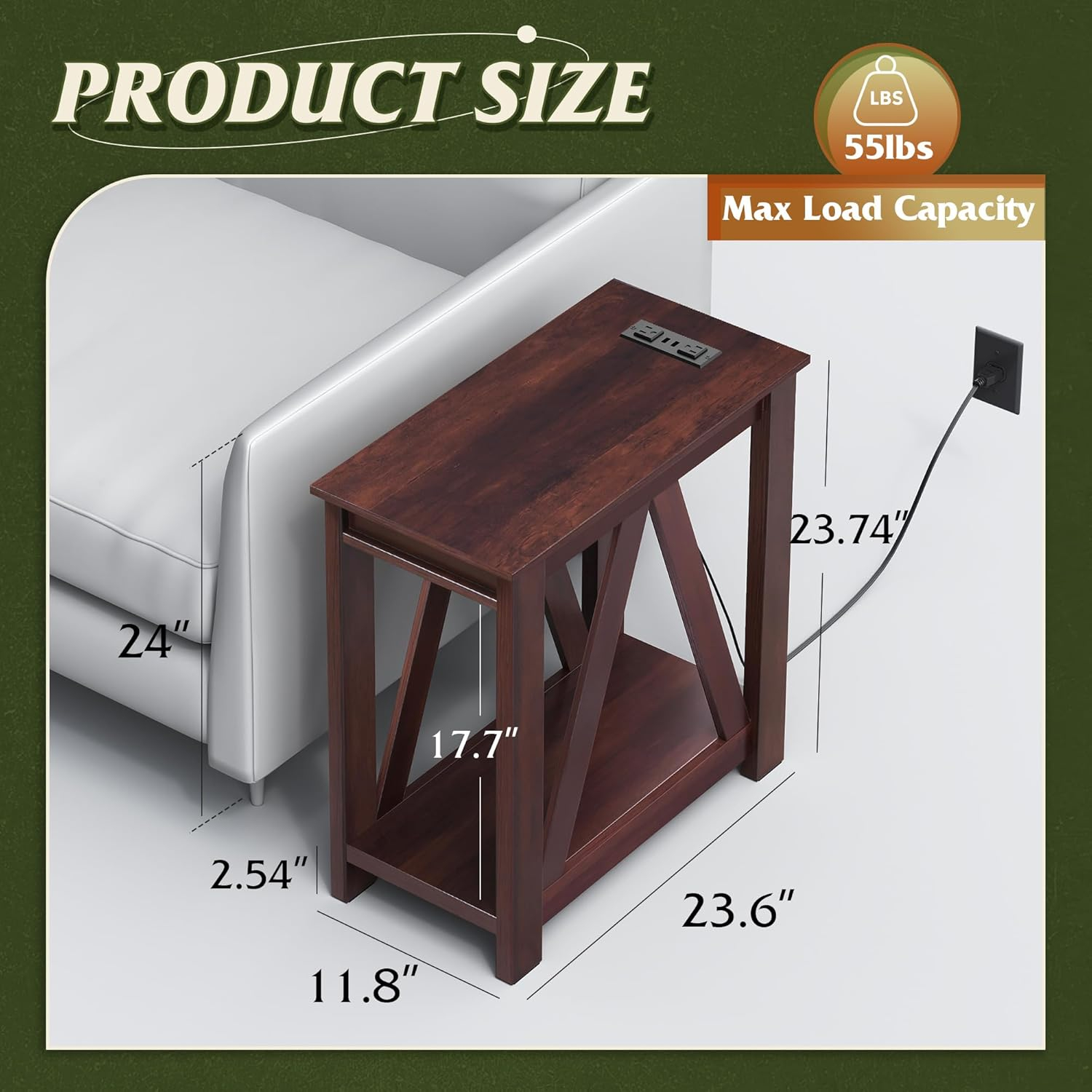 WLIVE Narrow End Table with Charging Station of Open Storage Shelf，Sofa Side Table with 2 USB Ports and 2 Power Outlets，Slim Farmhouse End Table for Small Spaces，Bedroom, Living Room, Espresso