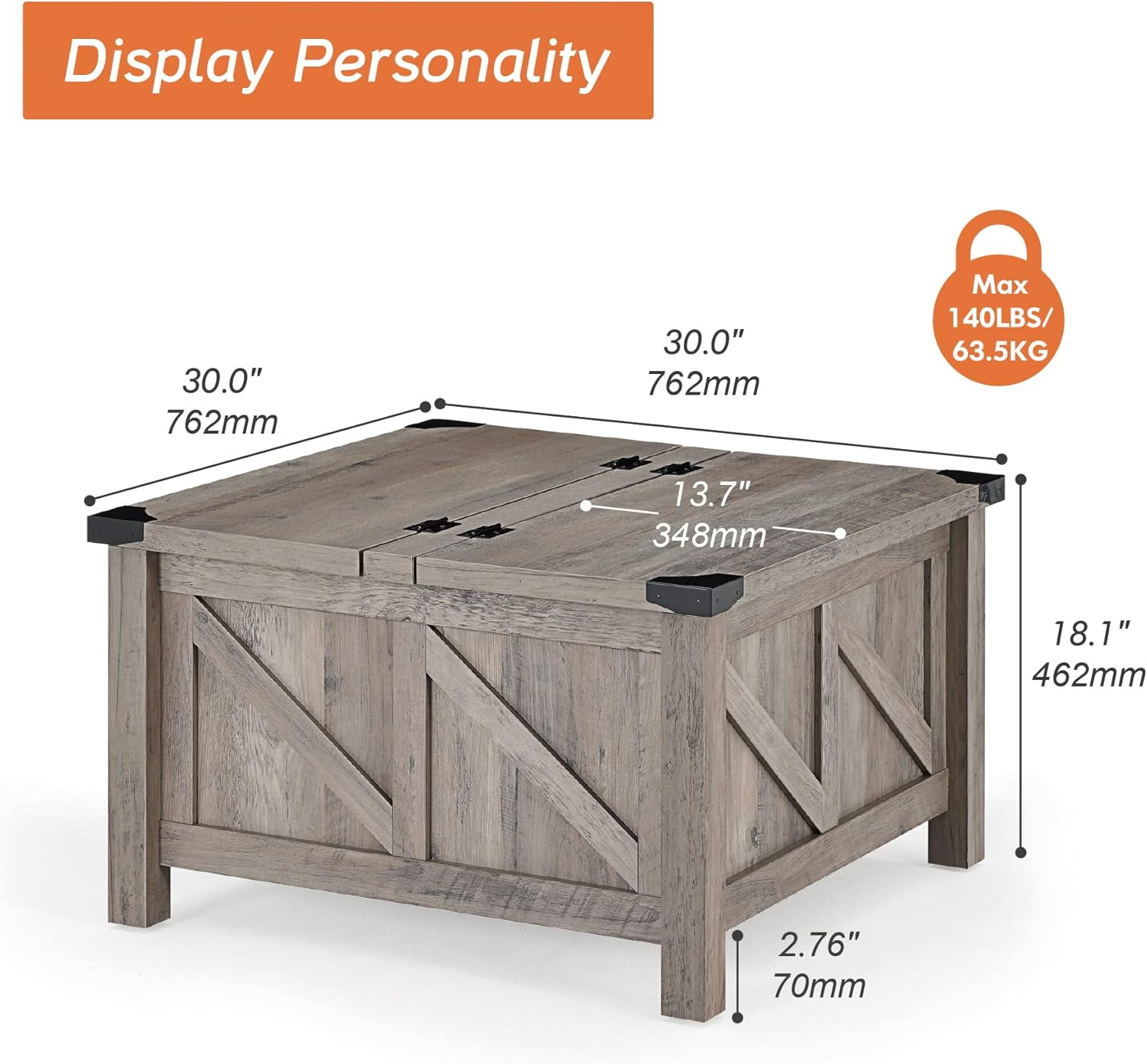 WAMPAT Square Farmhouse Coffee Table with Storage for Living Room, 30x30 inch Wooden Dining Center Table with Gas Spring Flip-Top for Large Hidden Storage, Metal Wrapped Table Corners, Washed Grey