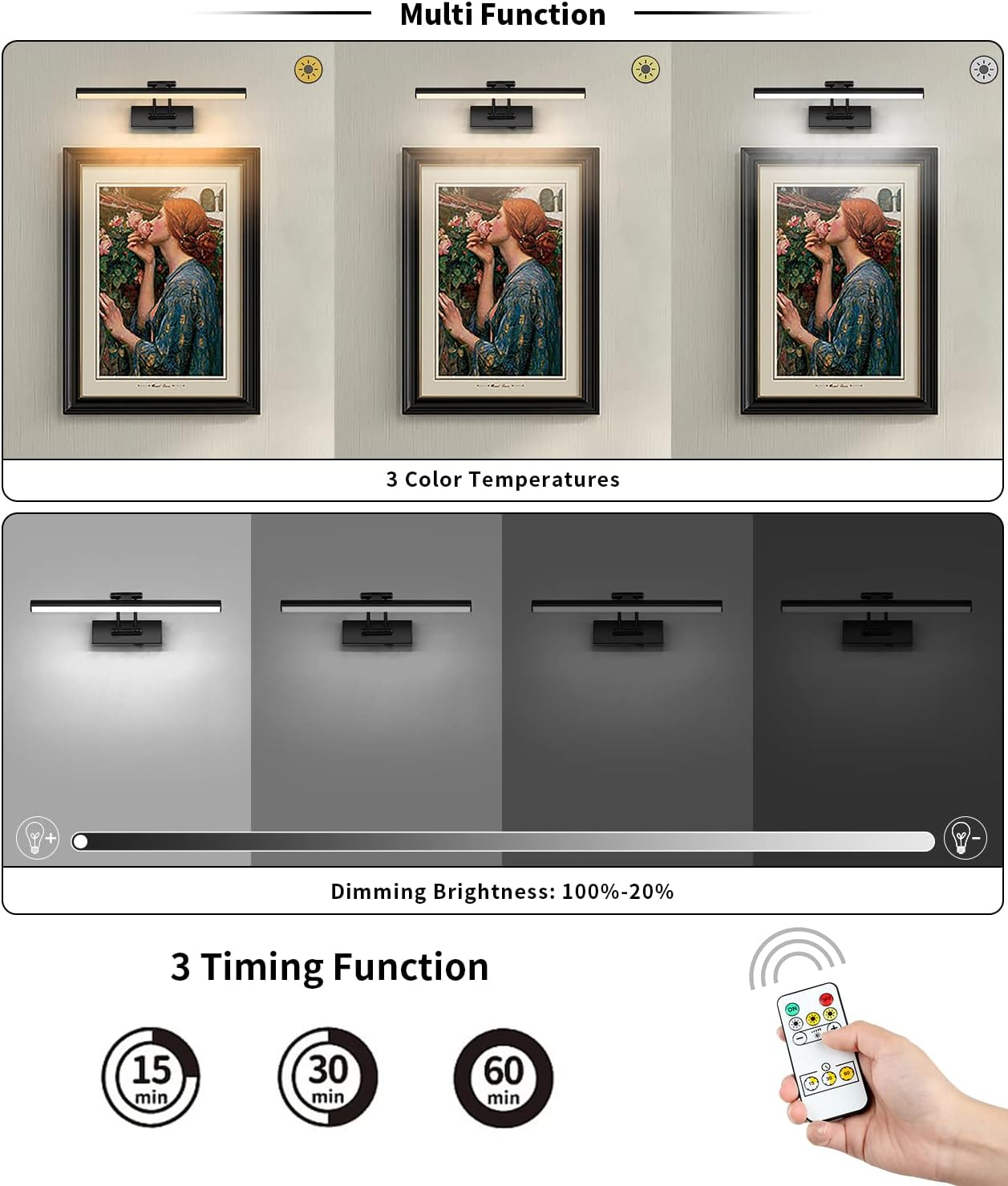 JUSHENG Dimmable Black Picture Light Battery Operated 16'' Inch, Rechargeable Gallery Light with Swing Arm and Timer Function, Full Metal Wireless Painting Lights for Display, Artwork, Canvas