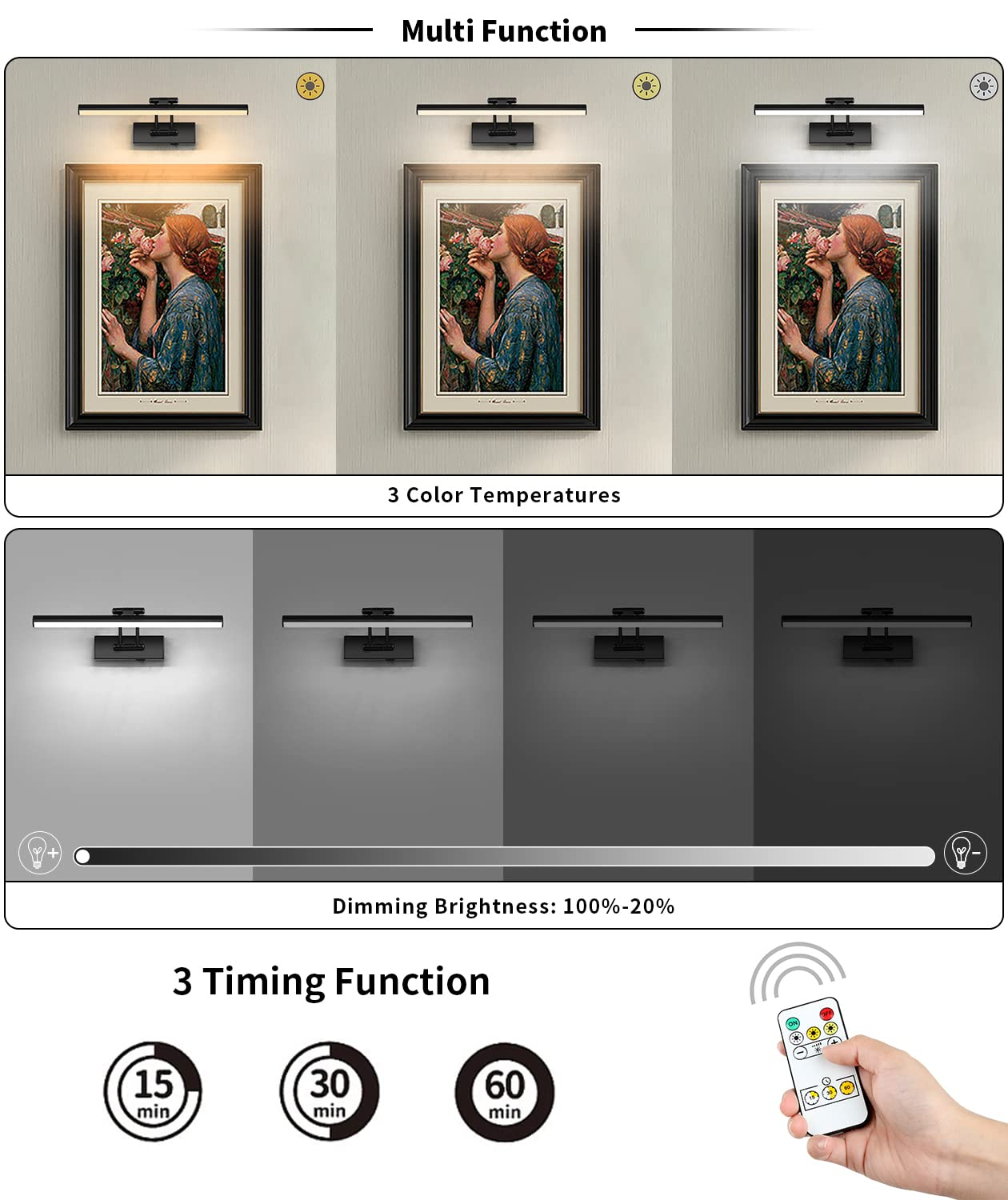 JUSHENG Dimmable Black Picture Light Battery Operated 16'' Inch, Rechargeable Gallery Light with Swing Arm and Timer Function, Full Metal Wireless Painting Lights for Display, Artwork, Canvas