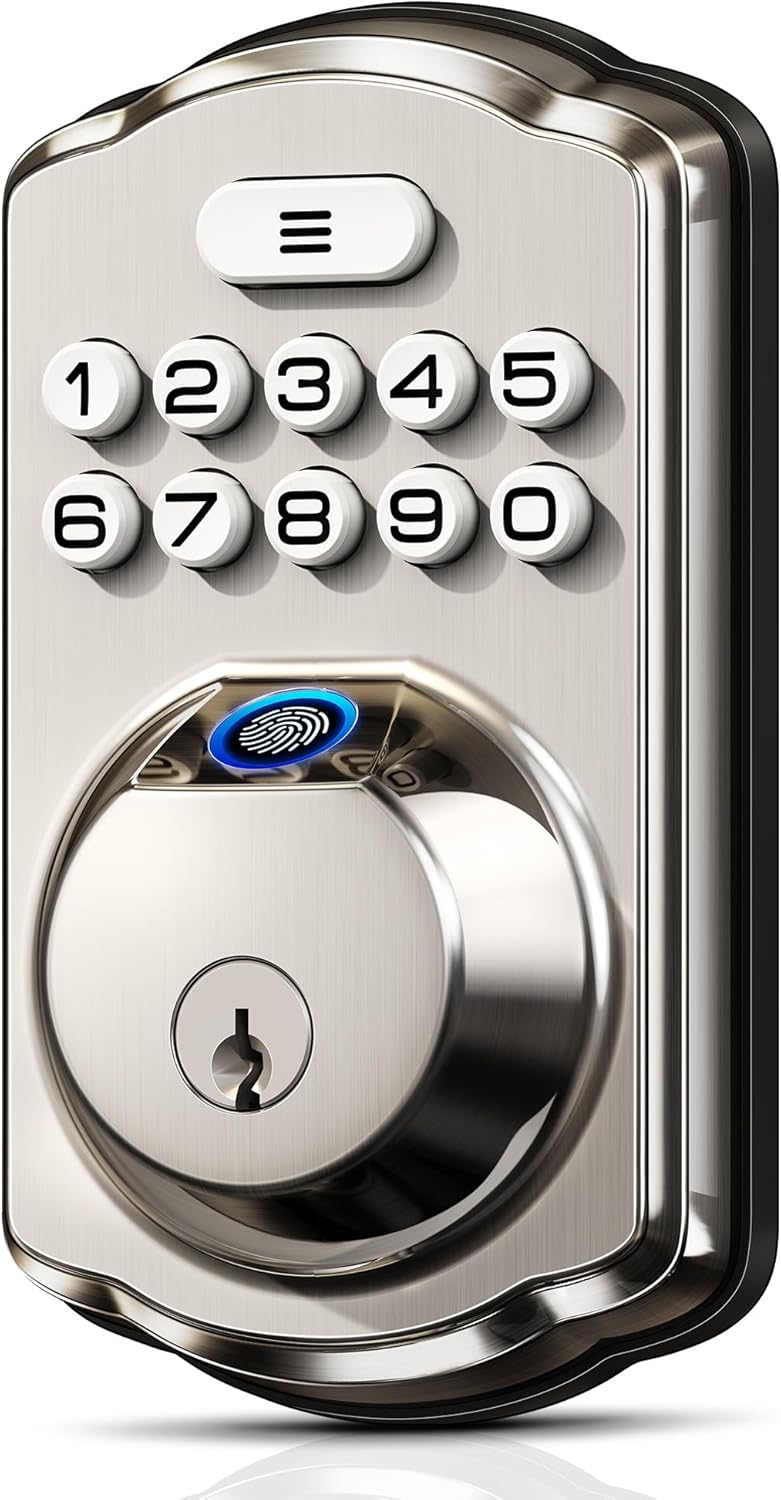 Satin Nickel Electronic Keypad Deadbolt with Fingerprint Sensor