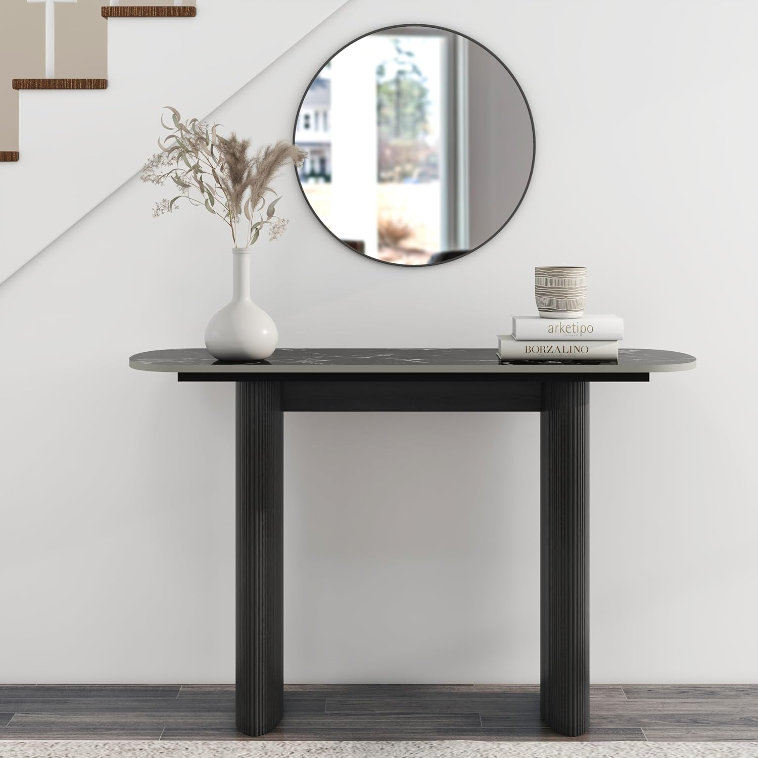Black Marble Top Console Table with Fluted Wooden Base