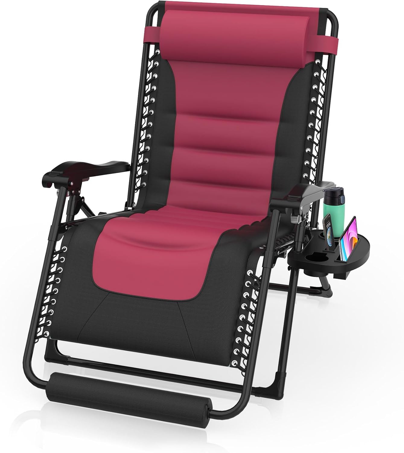 Suteck Oversized Zero Gravity Chair 29In XL Reclining Camping Chair w/Build-in Cushion, Outdoor Lounge Chairs Patio Recliner with Larger Cup Holder Footrest Padded Headrest, 330LBS, Claret&Black