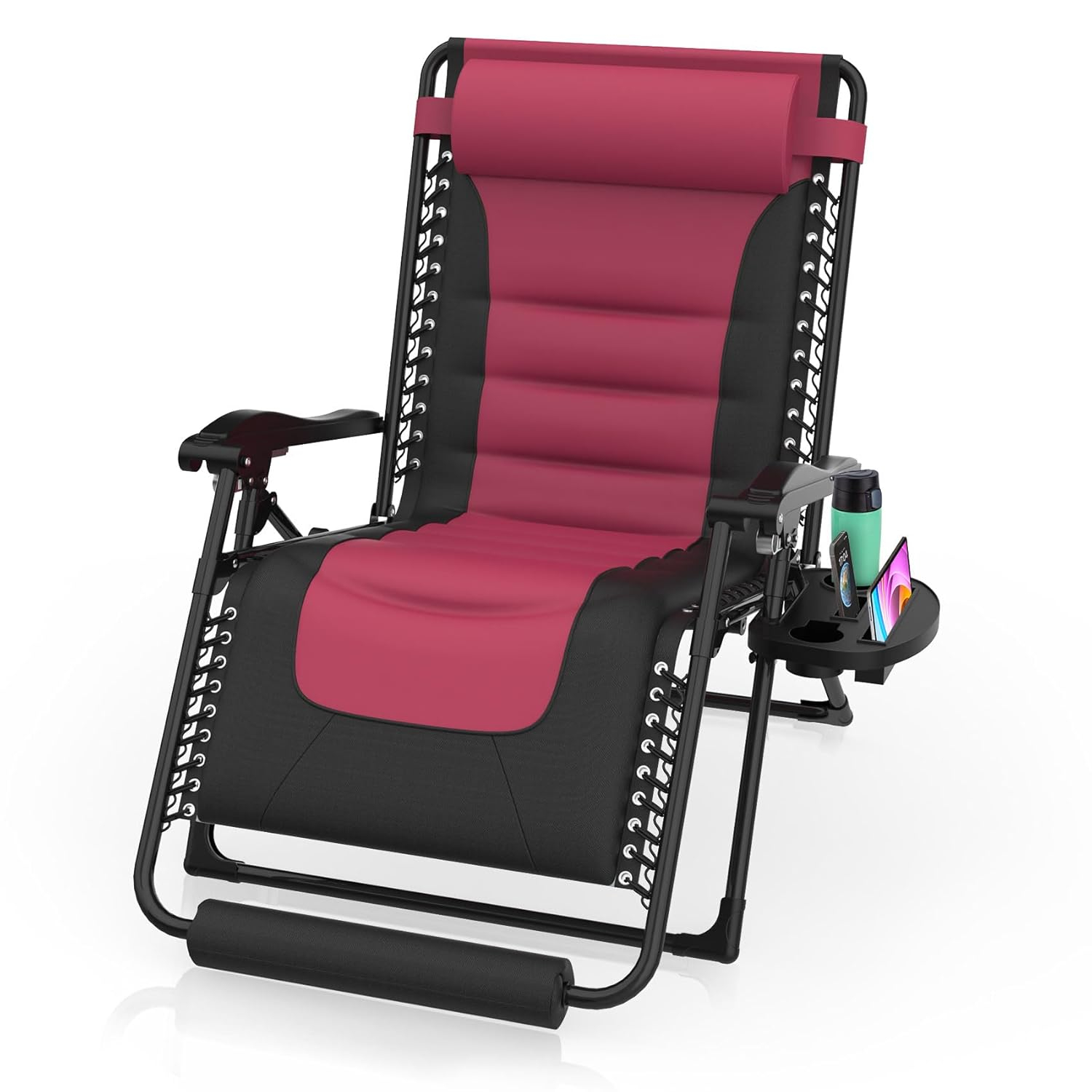 Suteck Oversized Zero Gravity Chair 29In XL Reclining Camping Chair w/Build-in Cushion, Outdoor Lounge Chairs Patio Recliner with Larger Cup Holder Footrest Padded Headrest, 330LBS, Claret&Black