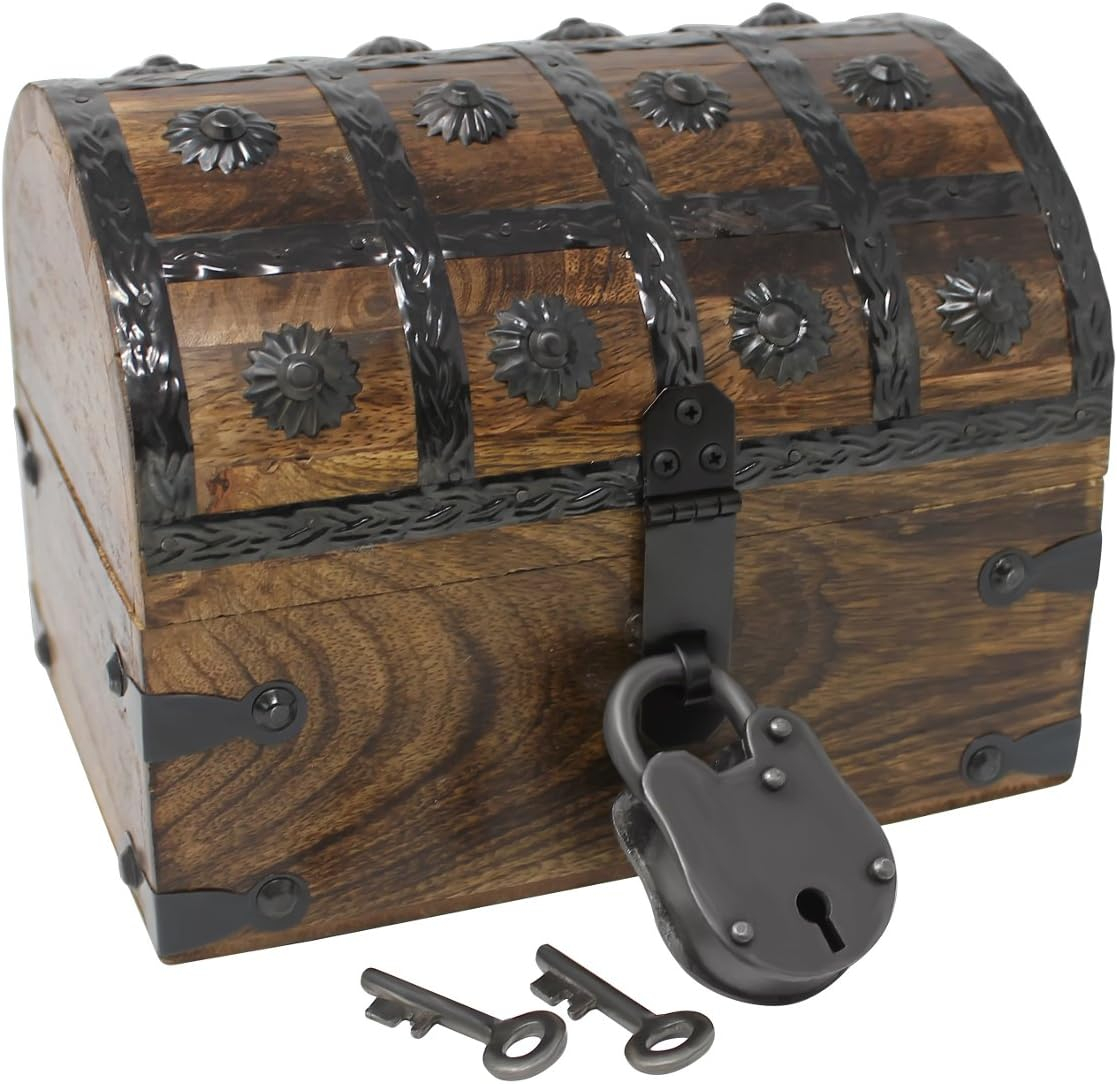 Nautical Cove Wooden Treasure Chest with Padded Velvet Lining and Antique Lock with Skeleton Keys (Small 8x6x6) – Luxury Wood Pirate Chest, Wooden Keepsake Box, Decorative Box with Lid