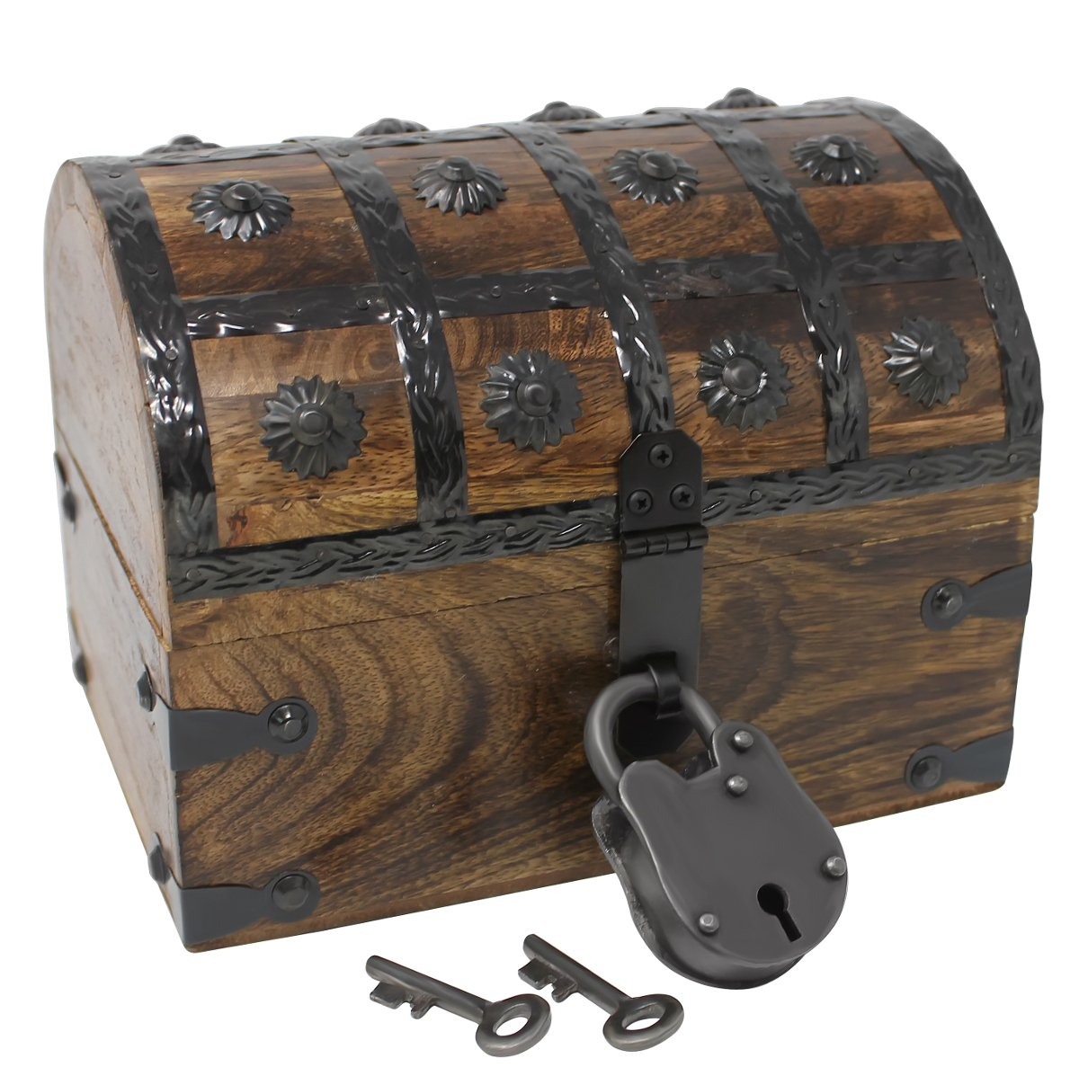 Nautical Cove Wooden Treasure Chest with Padded Velvet Lining and Antique Lock with Skeleton Keys (Small 8x6x6) – Luxury Wood Pirate Chest, Wooden Keepsake Box, Decorative Box with Lid