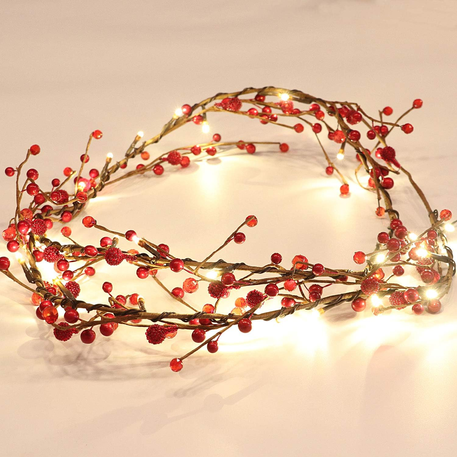 Rhytsing Red Berry Garland with 30 LED Lights, Battery Operated  with Timer Function for Christmas - 5.9FT