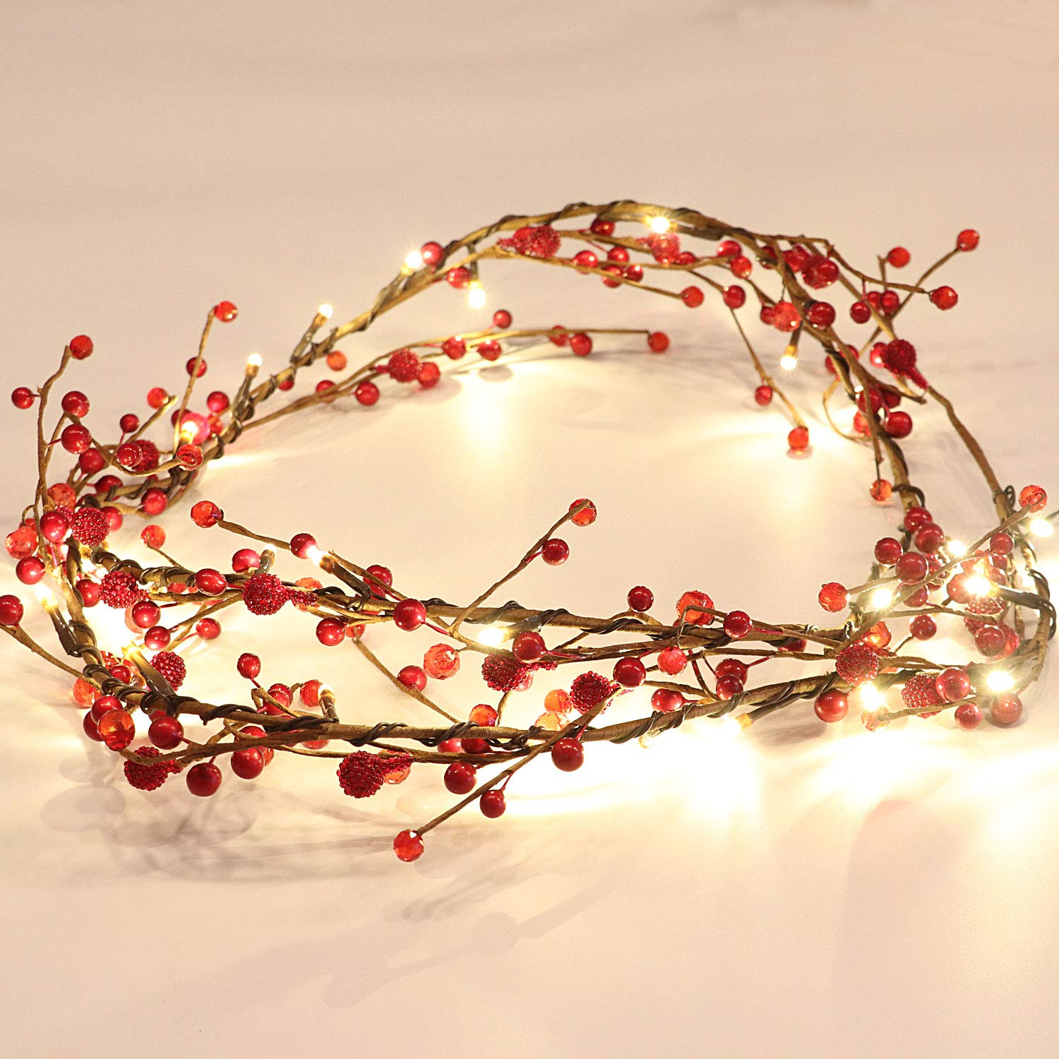 Rhytsing Red Berry Garland with 30 LED Lights, Battery Operated  with Timer Function for Christmas - 5.9FT