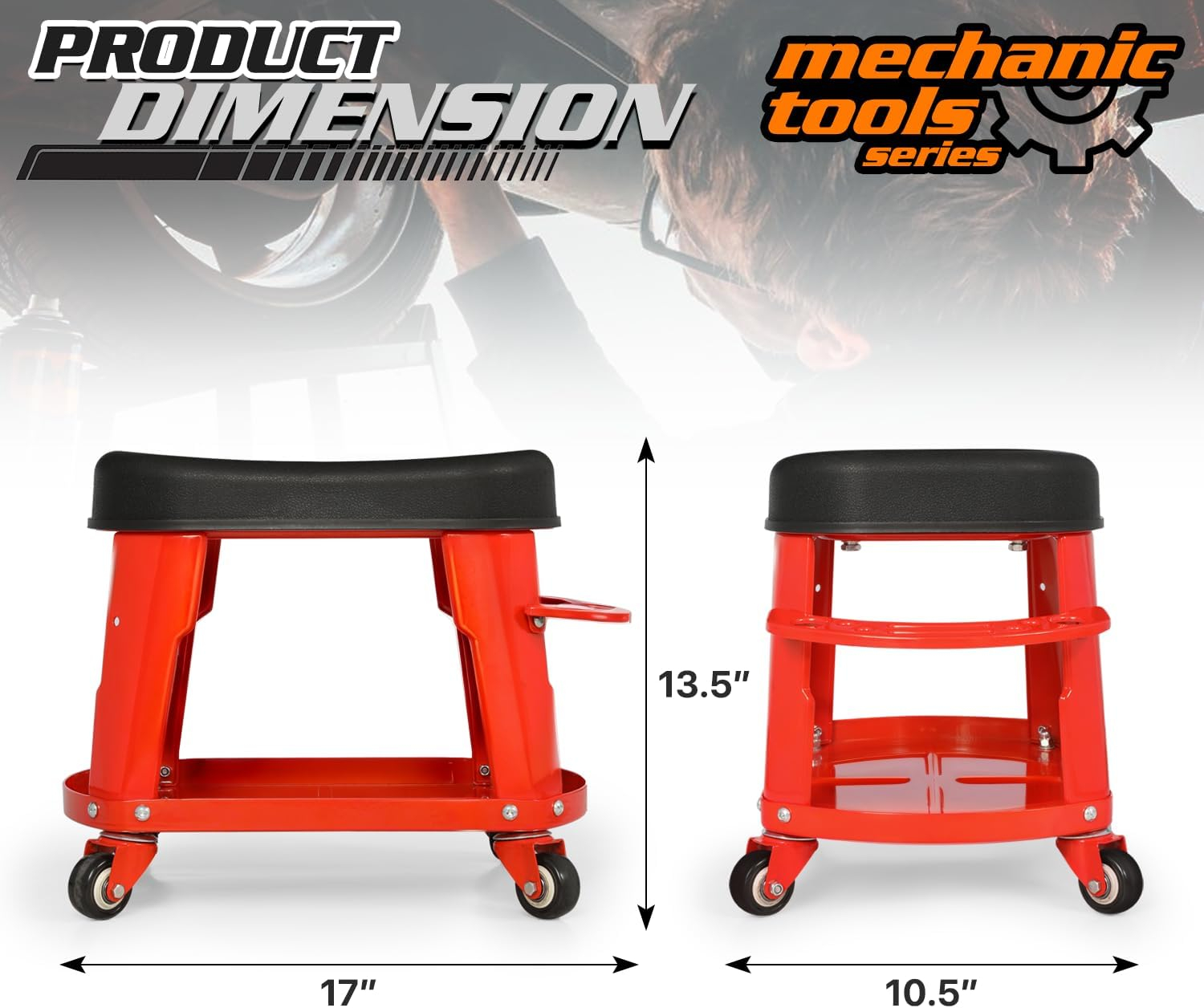 M-AUTO Rectangular Rolling Creeper Garage/Shop Seat Mechanic Roller Stool with Tool Tray Storage, 300 lbs Capacity - Red