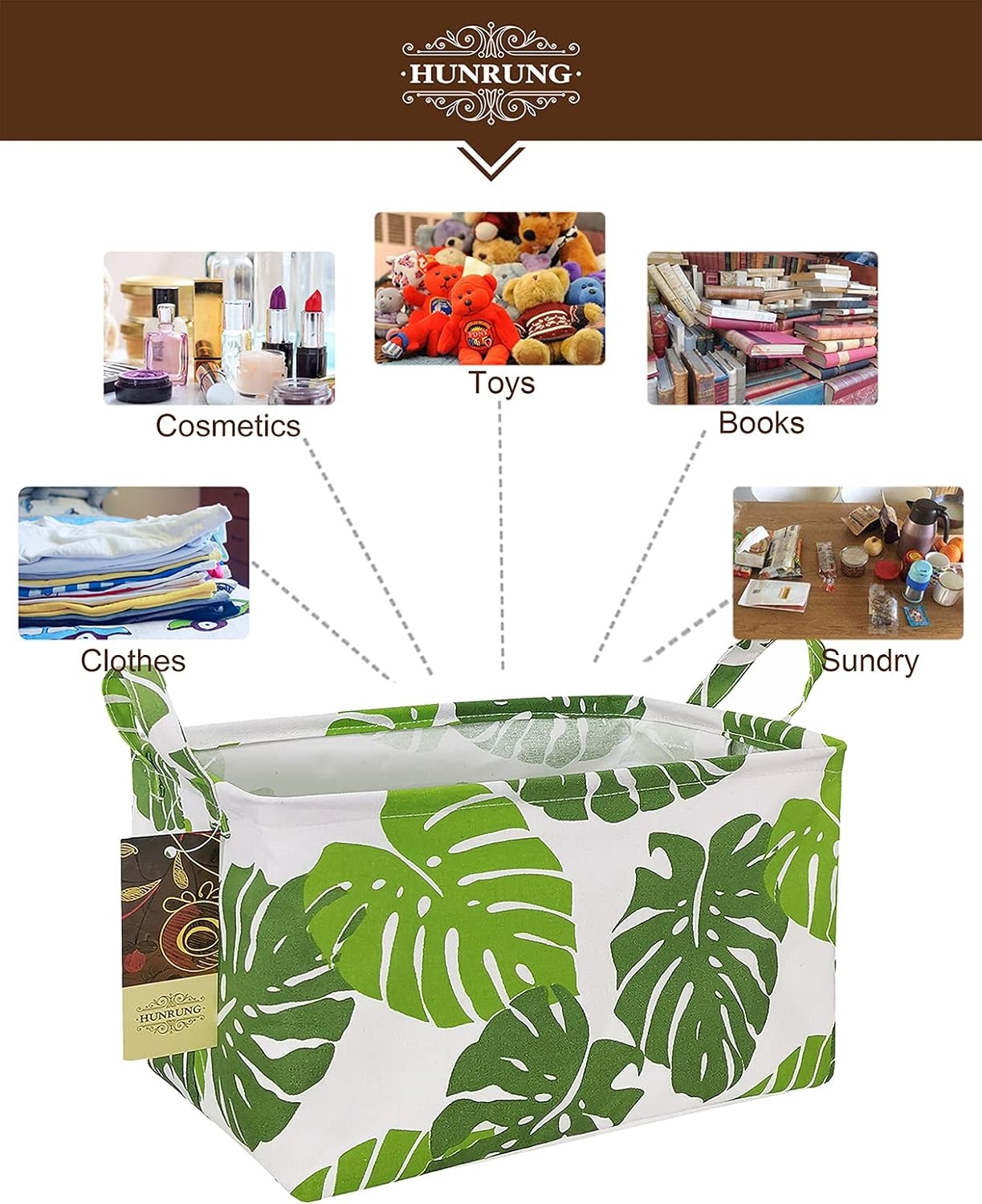 HUNRUNG Rectangle Storage Basket Cute Canvas Organizer Bin for Pet/Children Toys, Books, Clothes Perfect for Rooms/Playroom(Leaf)