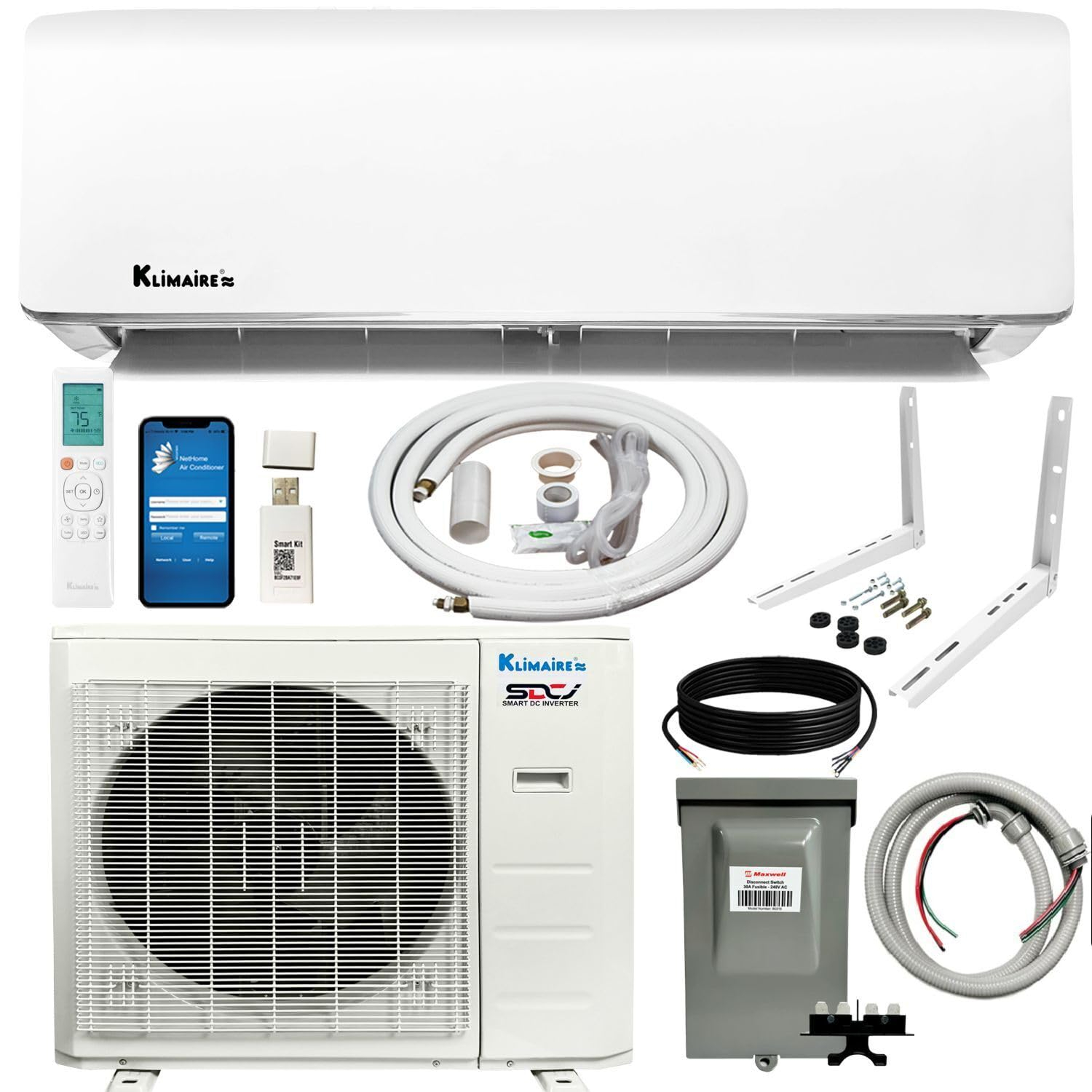 Klimaire 36,000 BTU 17.5 SEER2 Wi-Fi-Enabled Ductless Mini-Split Heat Pump Air Conditioner with Installation Kit, Up to 2,400 Sq. Ft