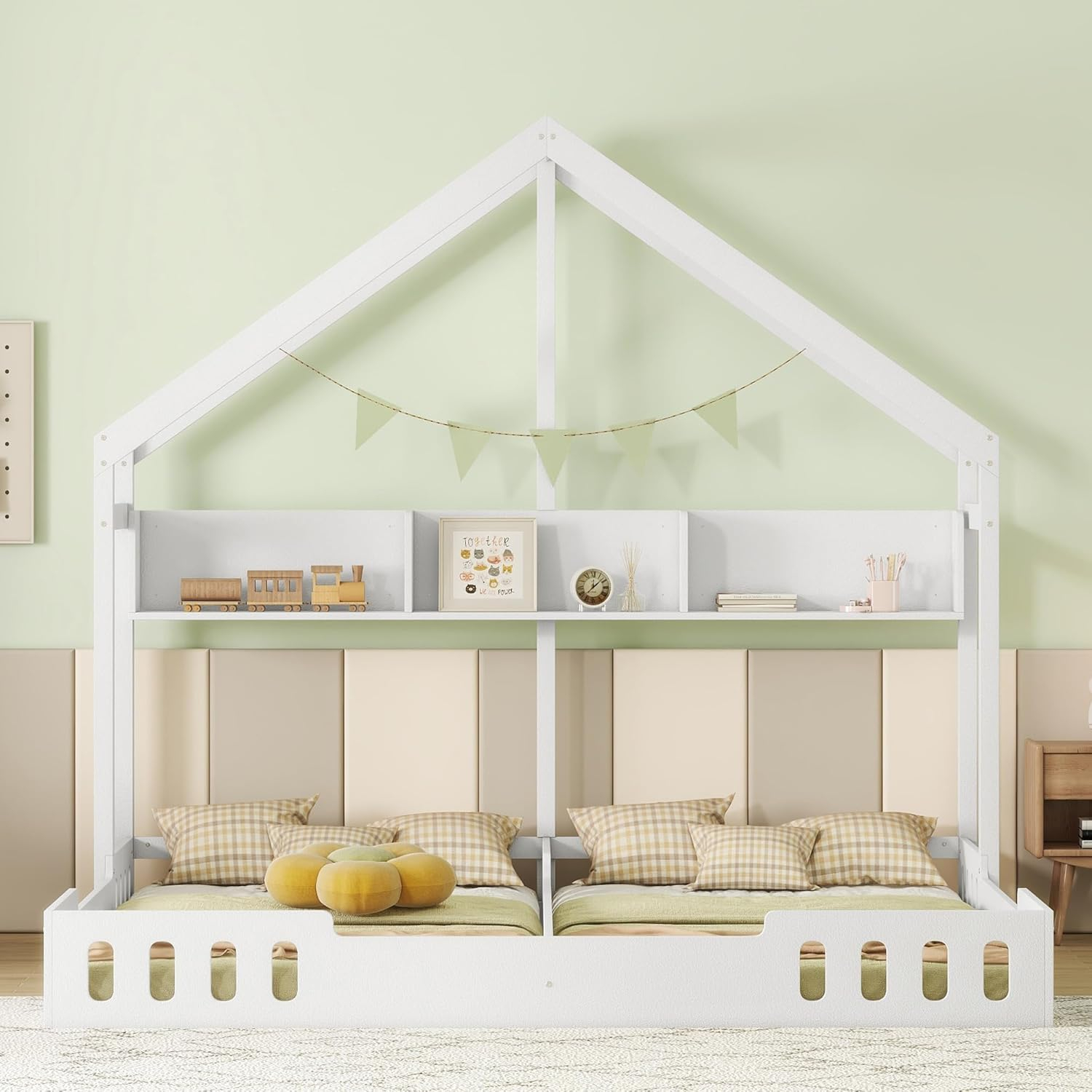 P PURLOVE Twin House Bed for 2 Kids,Double Twin Size Shared Beds with Fence Railings,House Montessori Floor Bed Frame Twin Size with Roof and Storage Shelves or Kids,Teens, Boys & Girls
