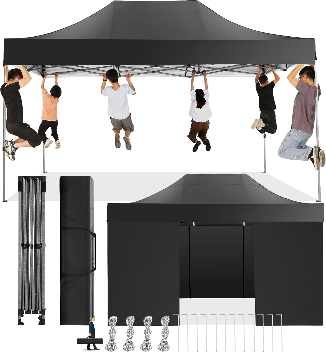 SANOPY 10' x 15' Pop up Canopy with 4 Removable Sidewalls, Heavy Duty Canopy with Upgraded Hexagonal Bracket, Instant Commercial Tent for Party, Portable Gazebo with Sangbags, Roller Bag, Black