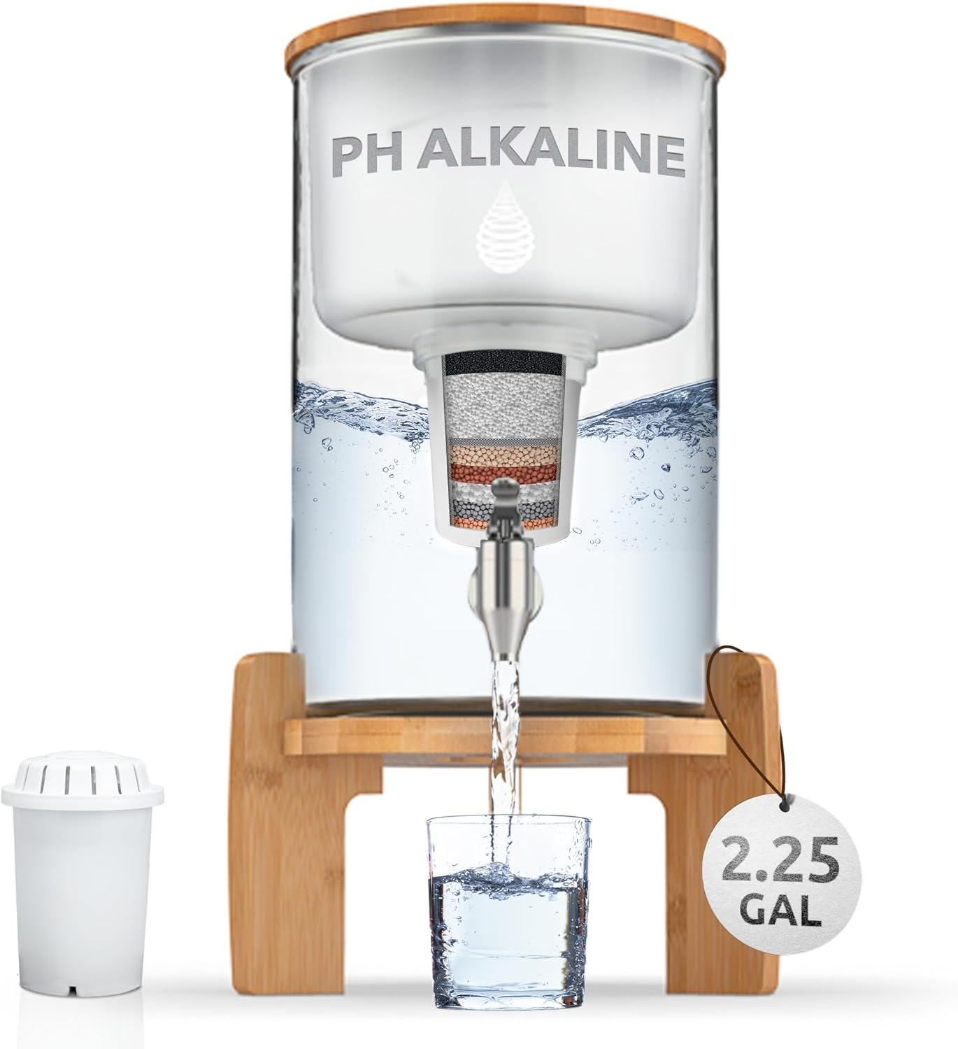 Invigorated Water pH Recharge Alkaline Water Filter Dispenser – BPA-Free Glass Countertop Water Filter Pitcher Purifier for Home & Office, 36-Cup Capacity, 360L Long Filter Life (Bamboo/Marble)