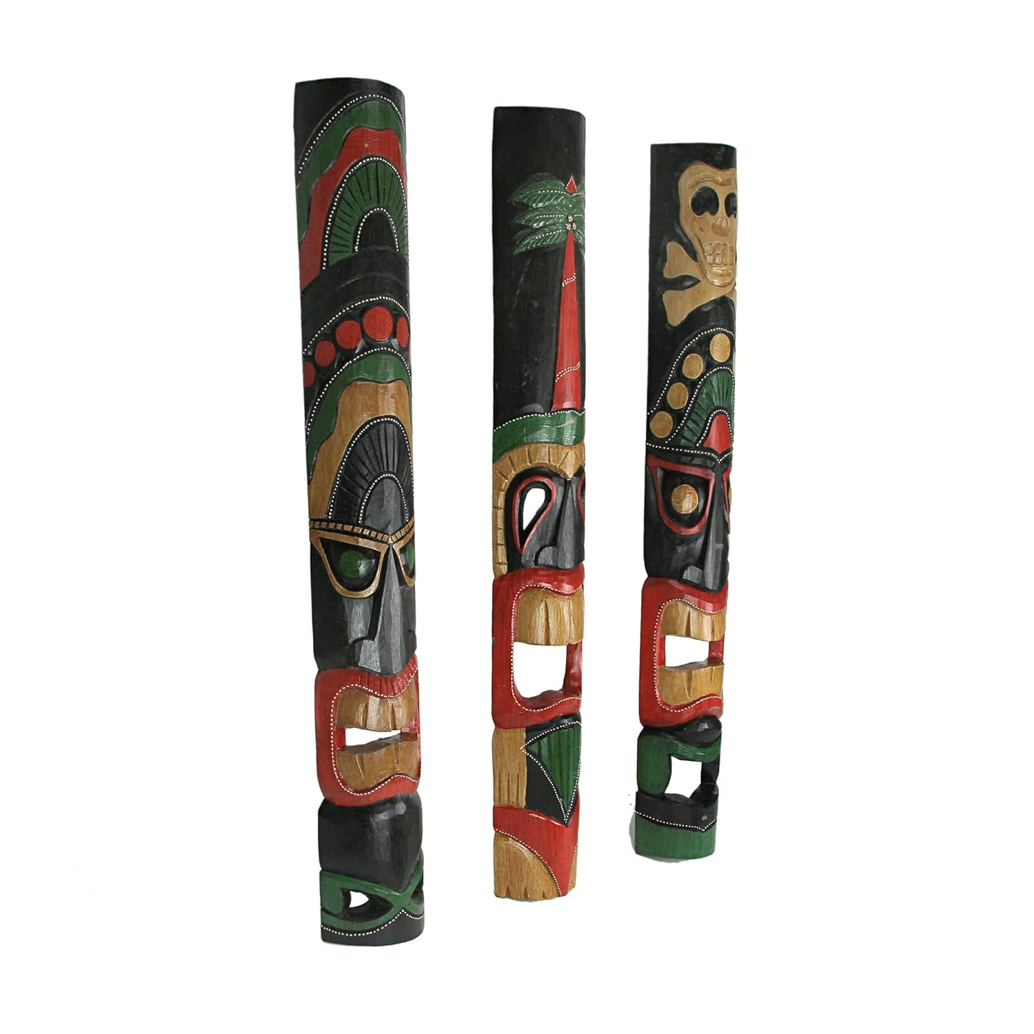 Zeckos 39 inch Wood Carved Tiki Mask Wall Hanging Tropical Decor Set of 3